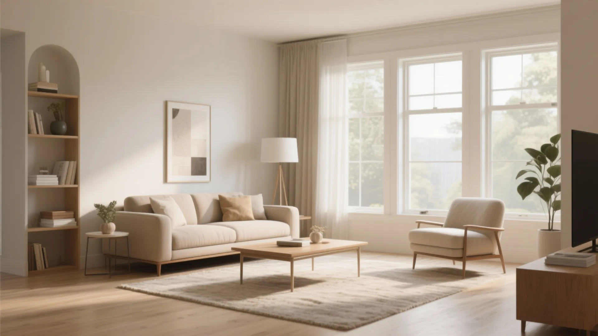 Bright living room with beige sofa armchair coffee table rug and large windows with natural light