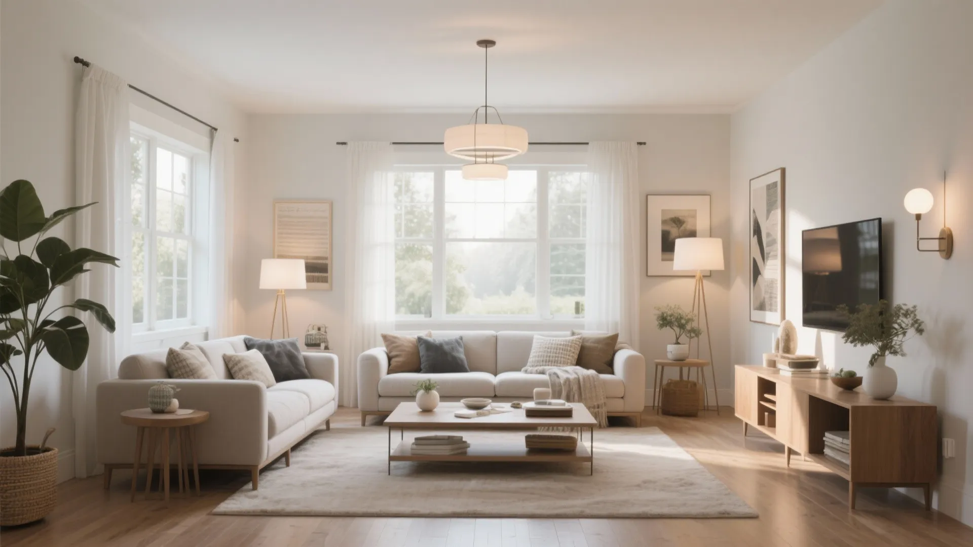 Spacious living room design with beige sofas wooden coffee table ceiling light and large windows