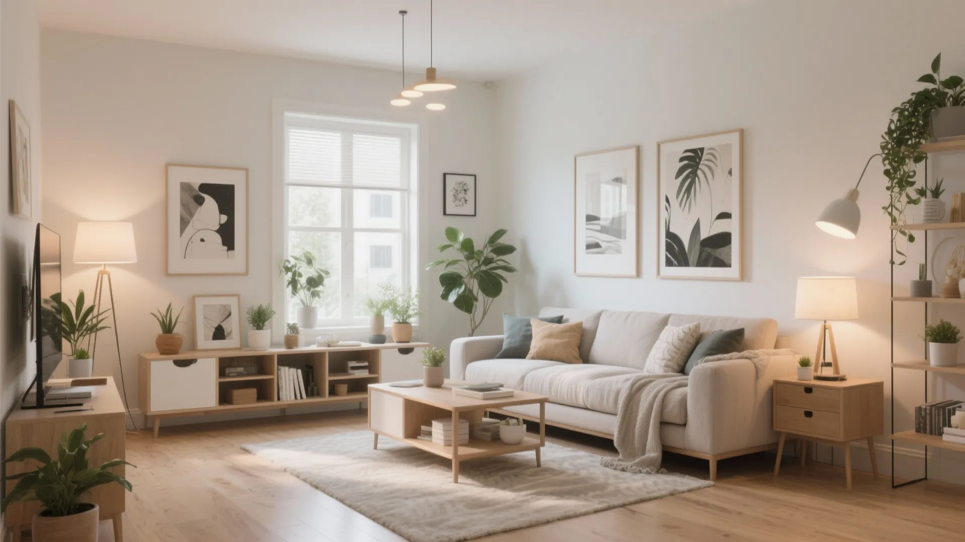 Modern living room with beige sofa wood coffee table white walls and plenty of plants