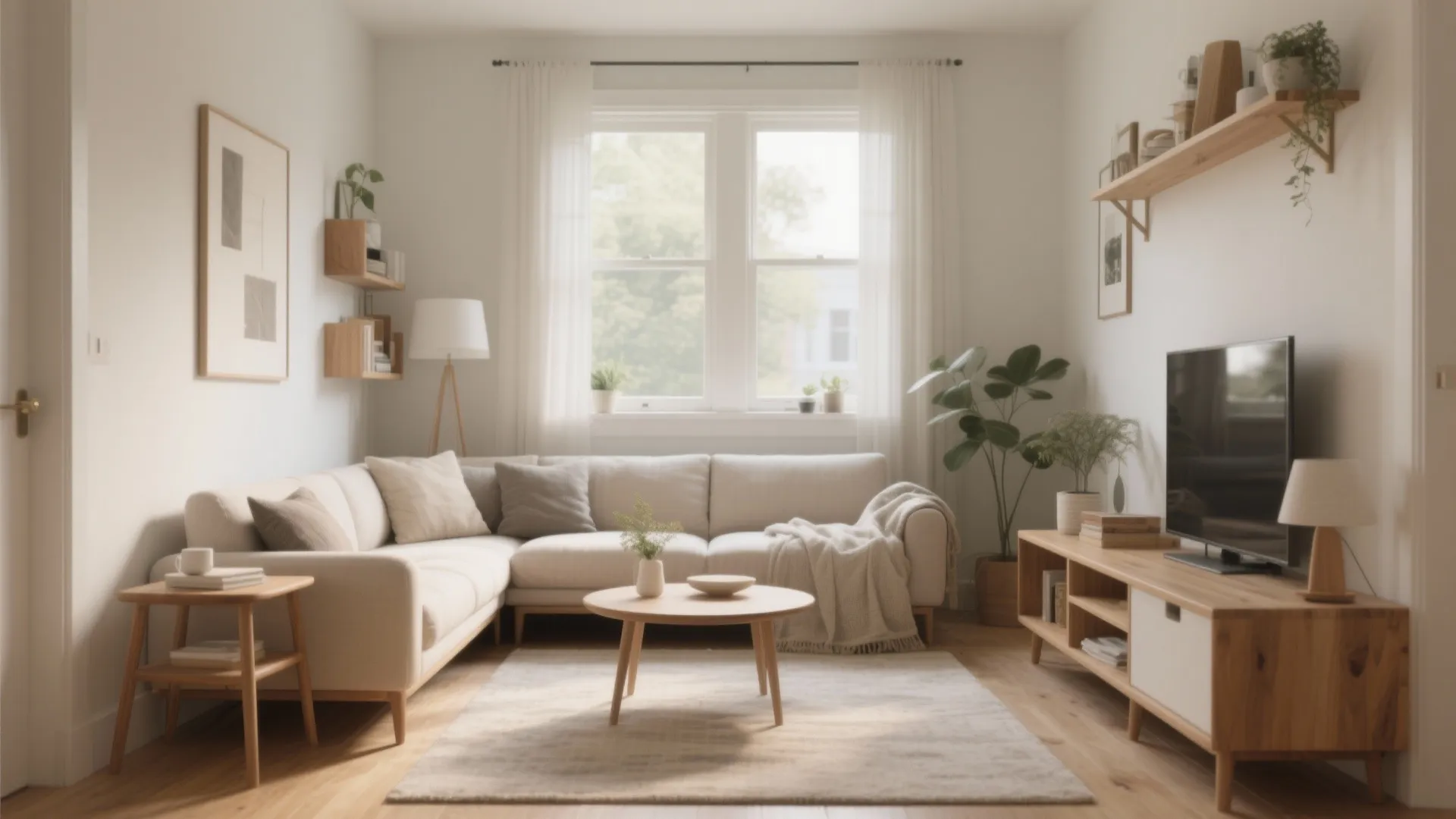 Cozy living room with white sofa, wooden TV cabinet, coffee table, rug, and bright window
