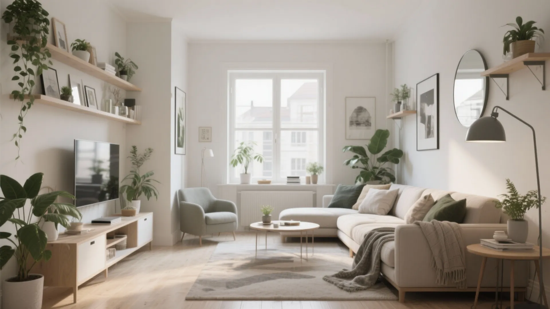 Bright living room with white sofa grey armchair wooden floor green plants and large window view