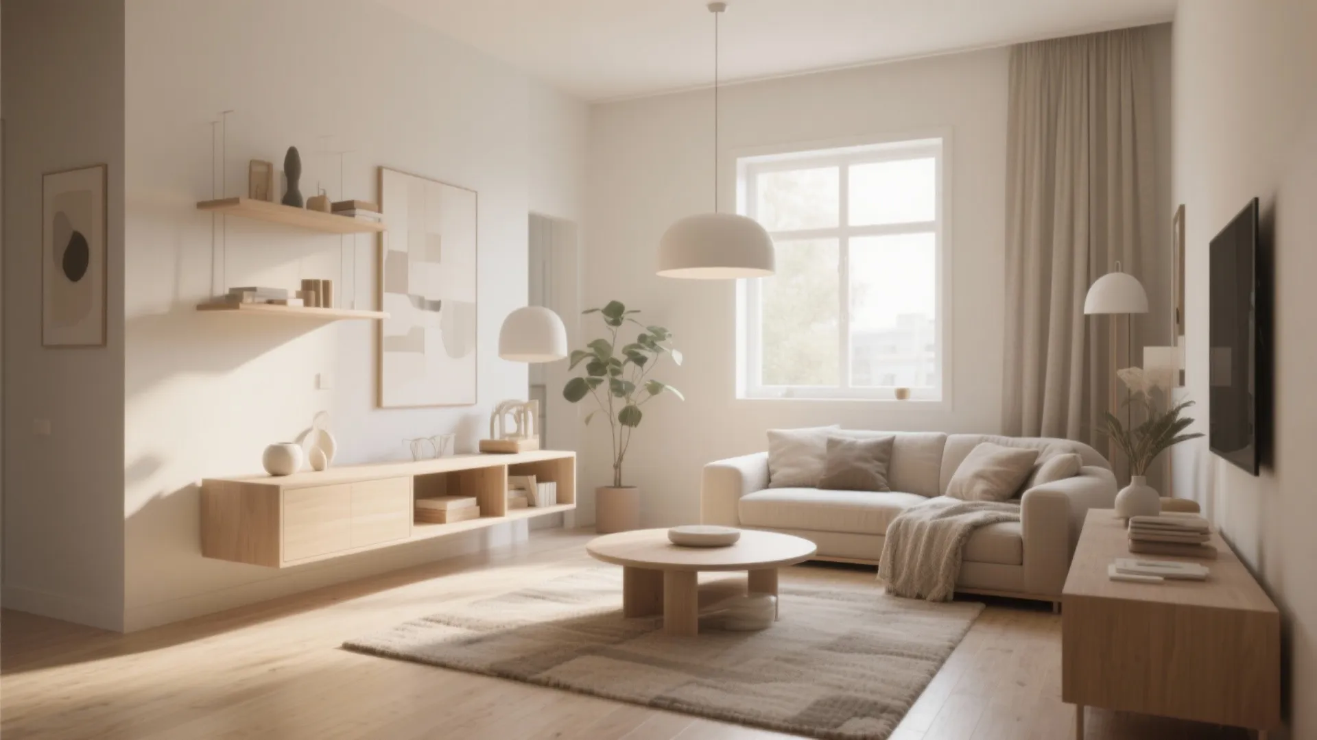 Modern bright living room featuring beige sofa round coffee table wooden floor and white wall shelves