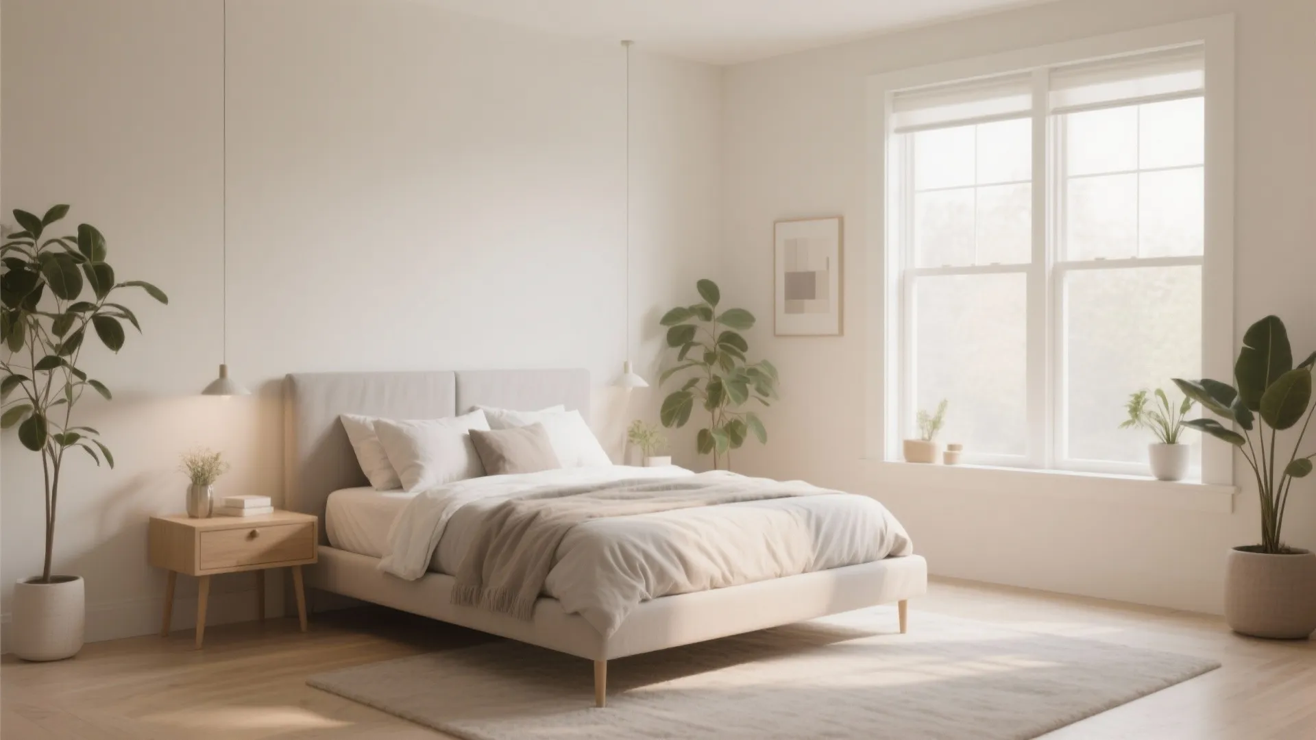 Minimalist cream bedroom with grey bed wooden side table green plants and large bright windows