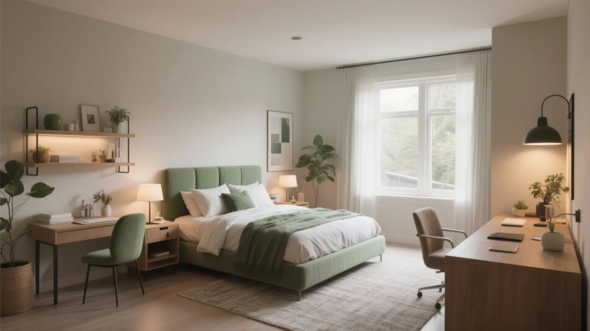 Modern bedroom with green bed frame and desk setup plus large window and natural light
