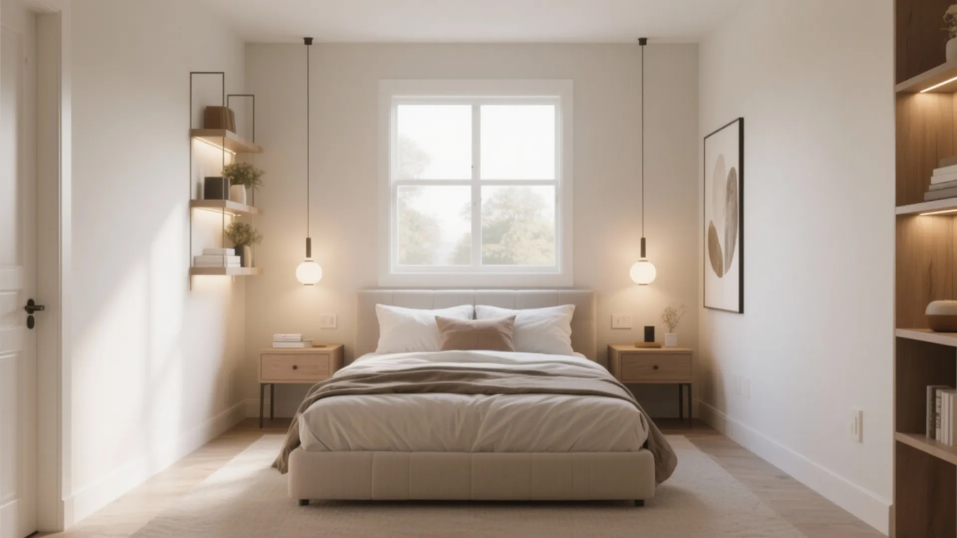 Cozy bedroom with central bed under window featuring hanging ceiling lights and wall mounted shelves