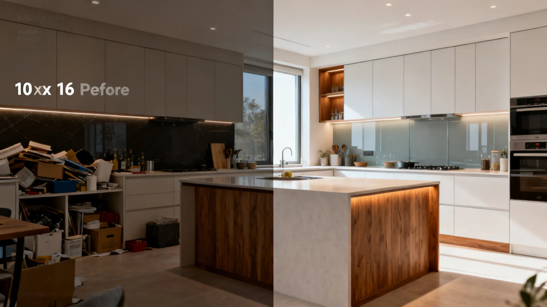 Split view comparing a cluttered 10x16 kitchen to a modern, bright redesign with L-shaped flow.