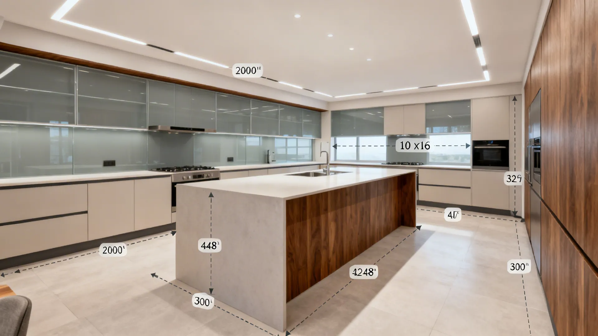 Modern 10x16 kitchen showing L-shaped layout, clear aisles, matte finishes, and warm lighting.