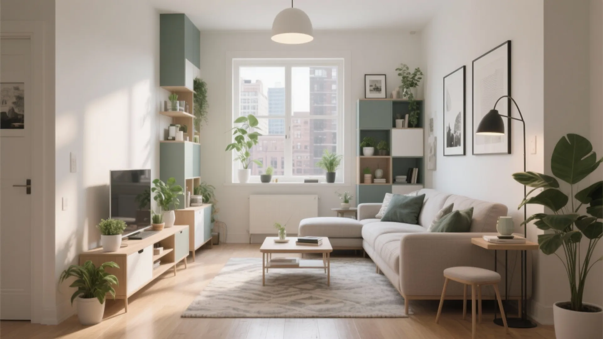 Modern living room with light grey sofa wooden coffee table white rug and many green plants