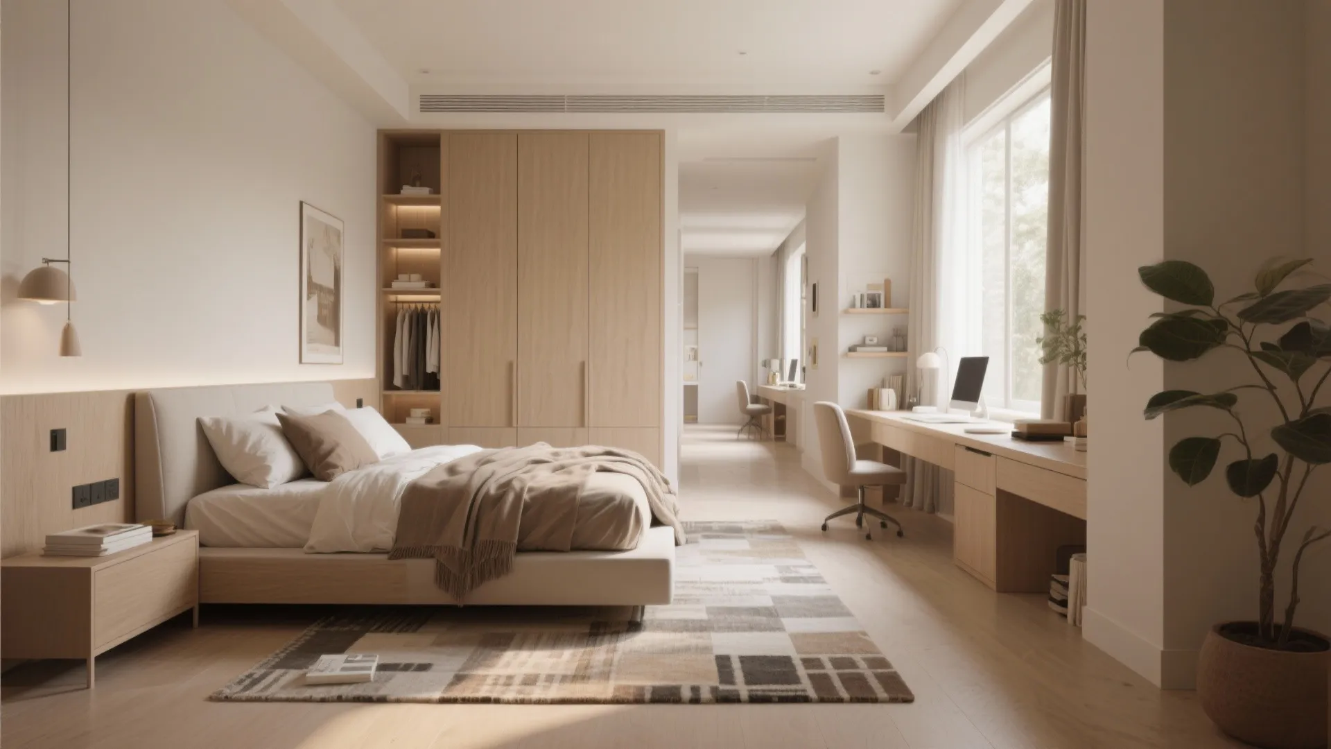 Modern bedroom with beige bed, wooden cabinet, study desk, computer, office chair, rug, and plant.