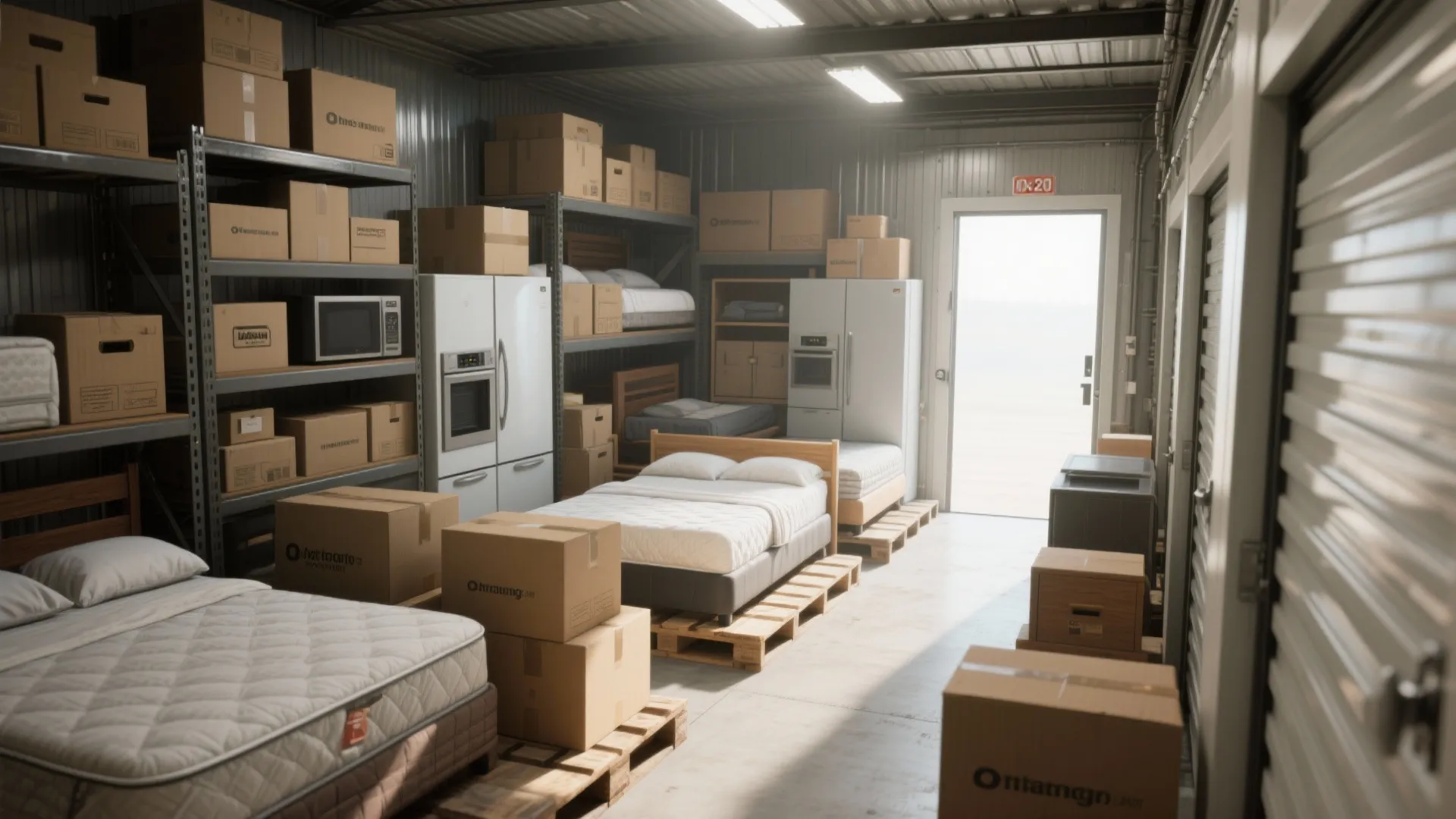 Wide 10x20 unit packed with furniture, appliances and boxes with pathways