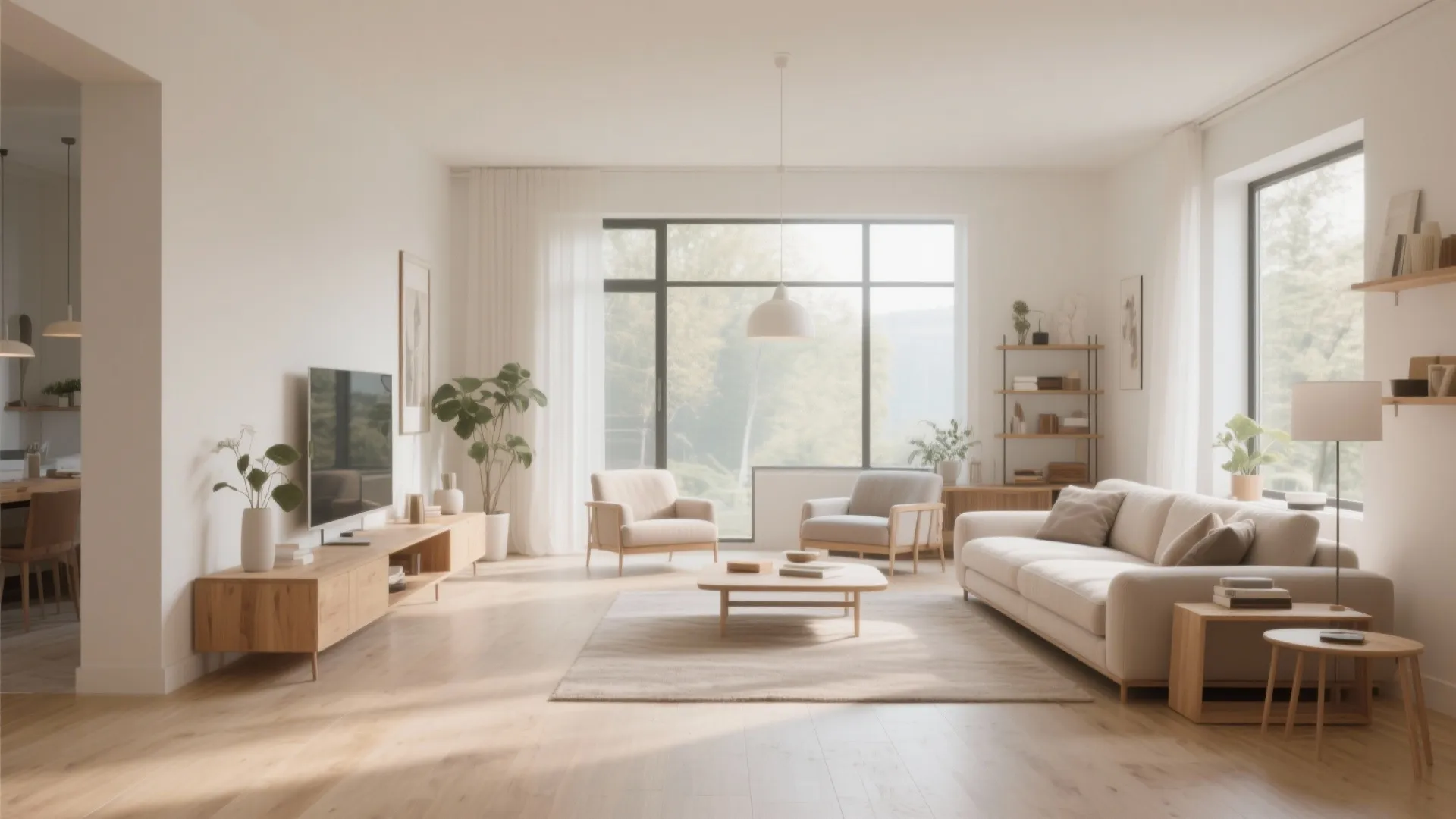 Bright open living room layout with wooden floor white sofa and large windows with view