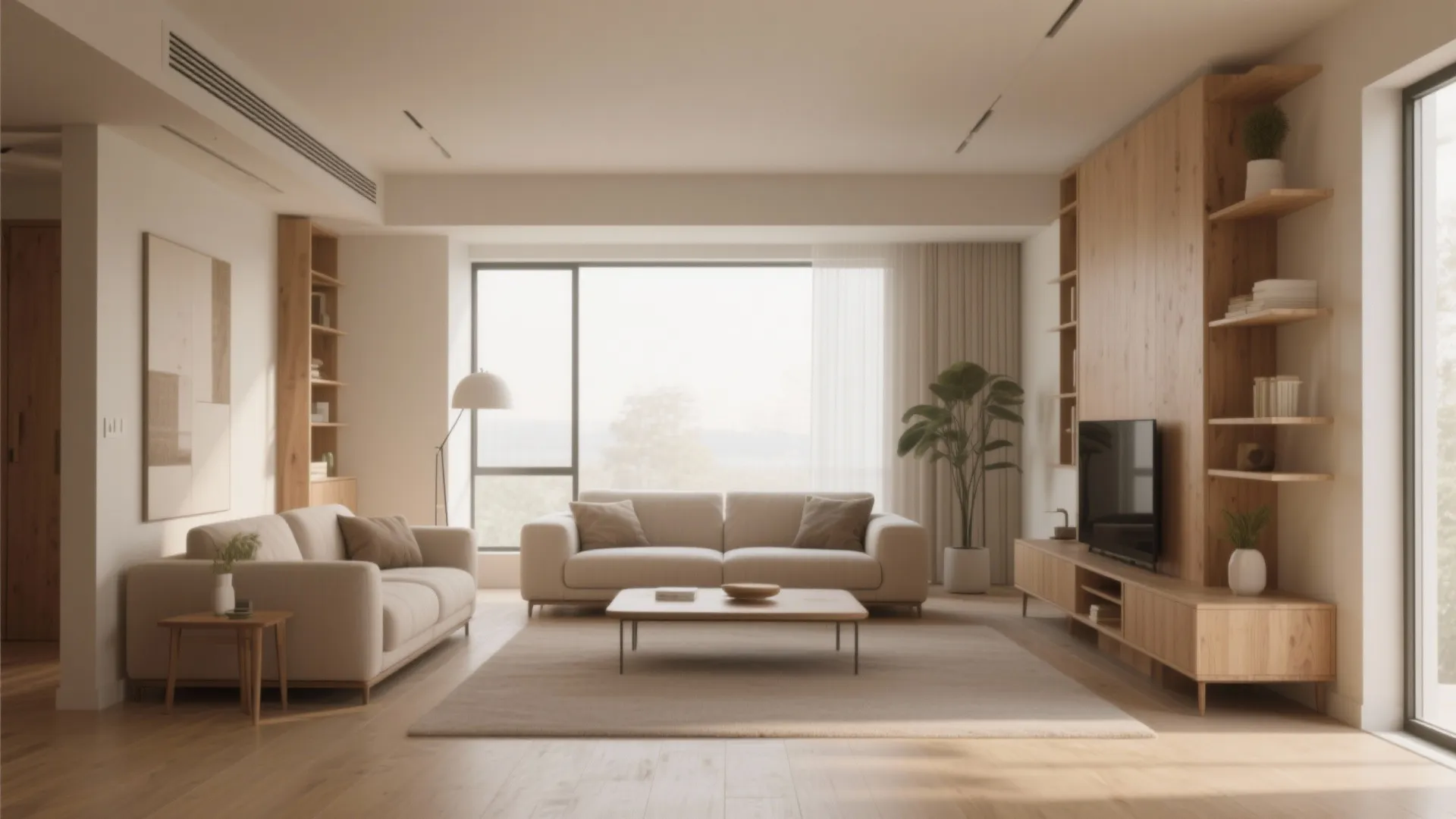 Warm interior design drawing showing cream sofas wooden shelves television and natural light through window
