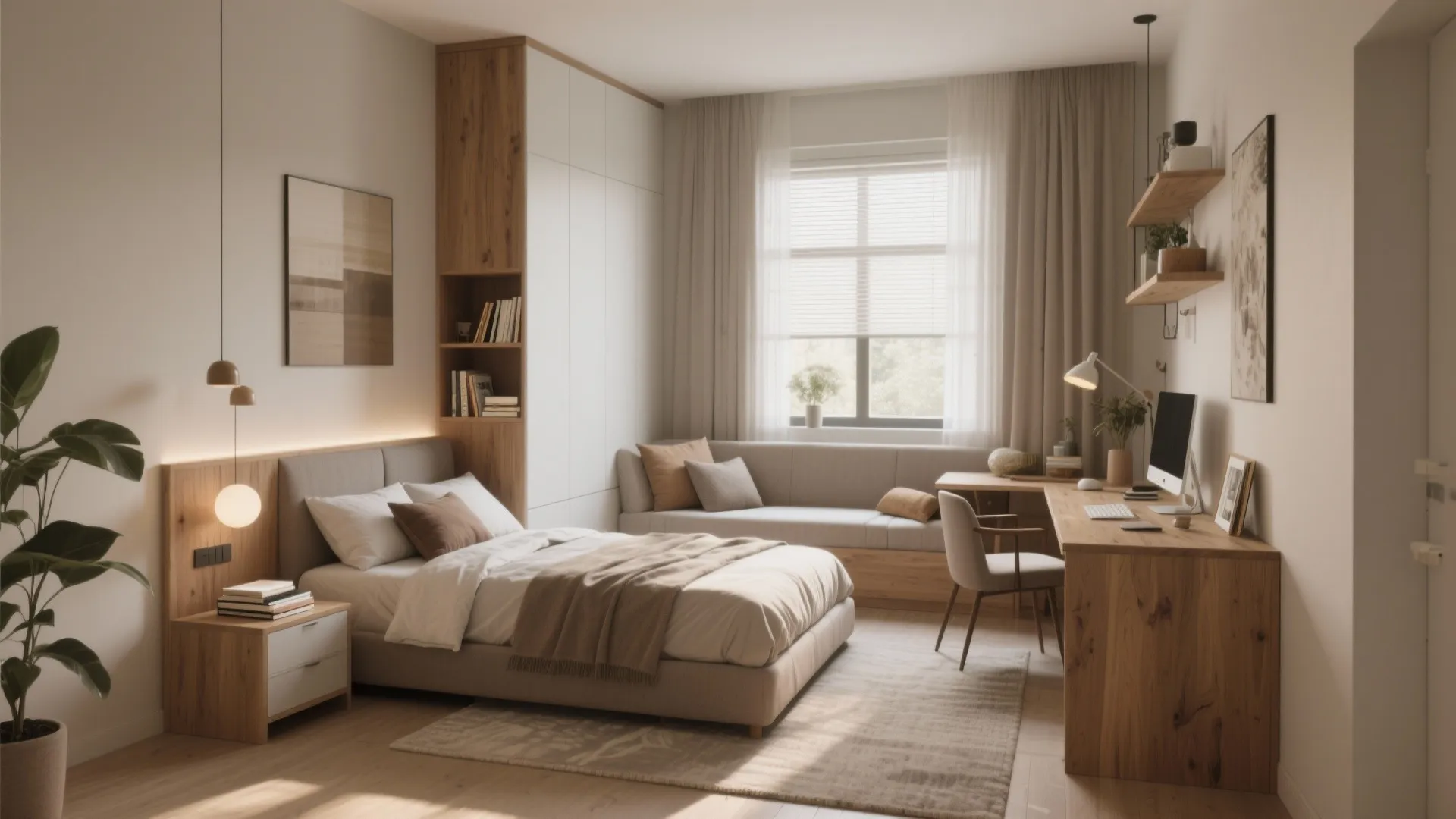 Modern small bedroom with wooden desk beige sofa comfortable bed shelving and bright natural light