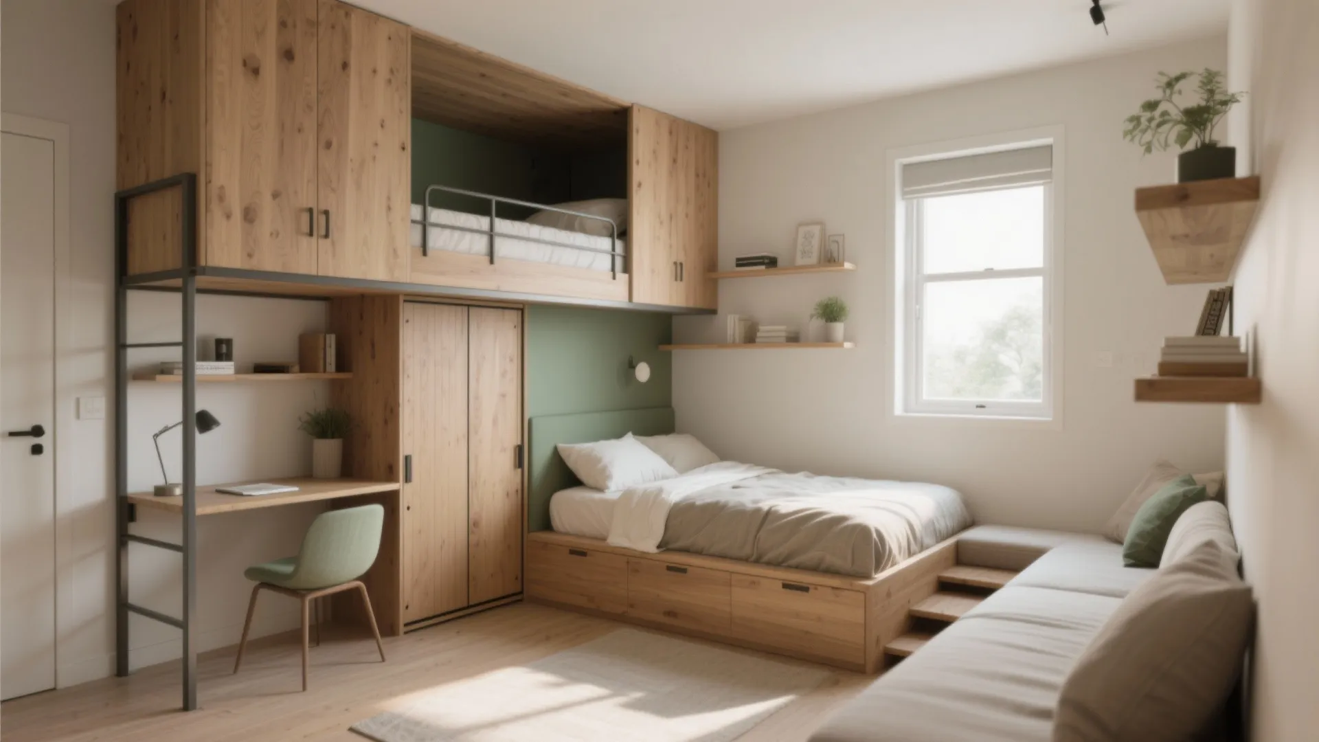 Small functional bedroom with wooden loft bed over a desk and a lower green bed
