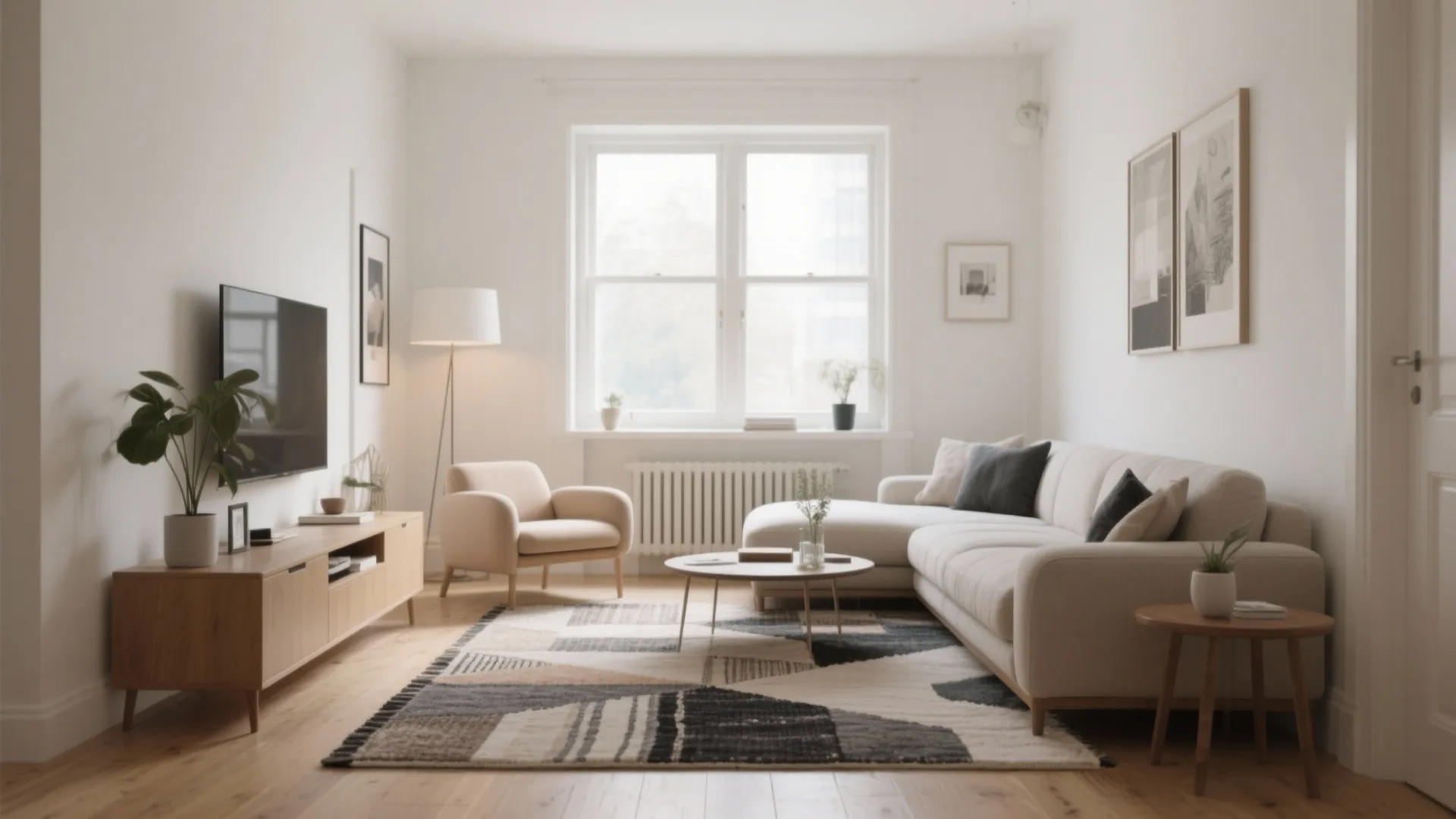 Minimalist white living room featuring sectional sofa geometric rug wood cabinet television and large bright windows