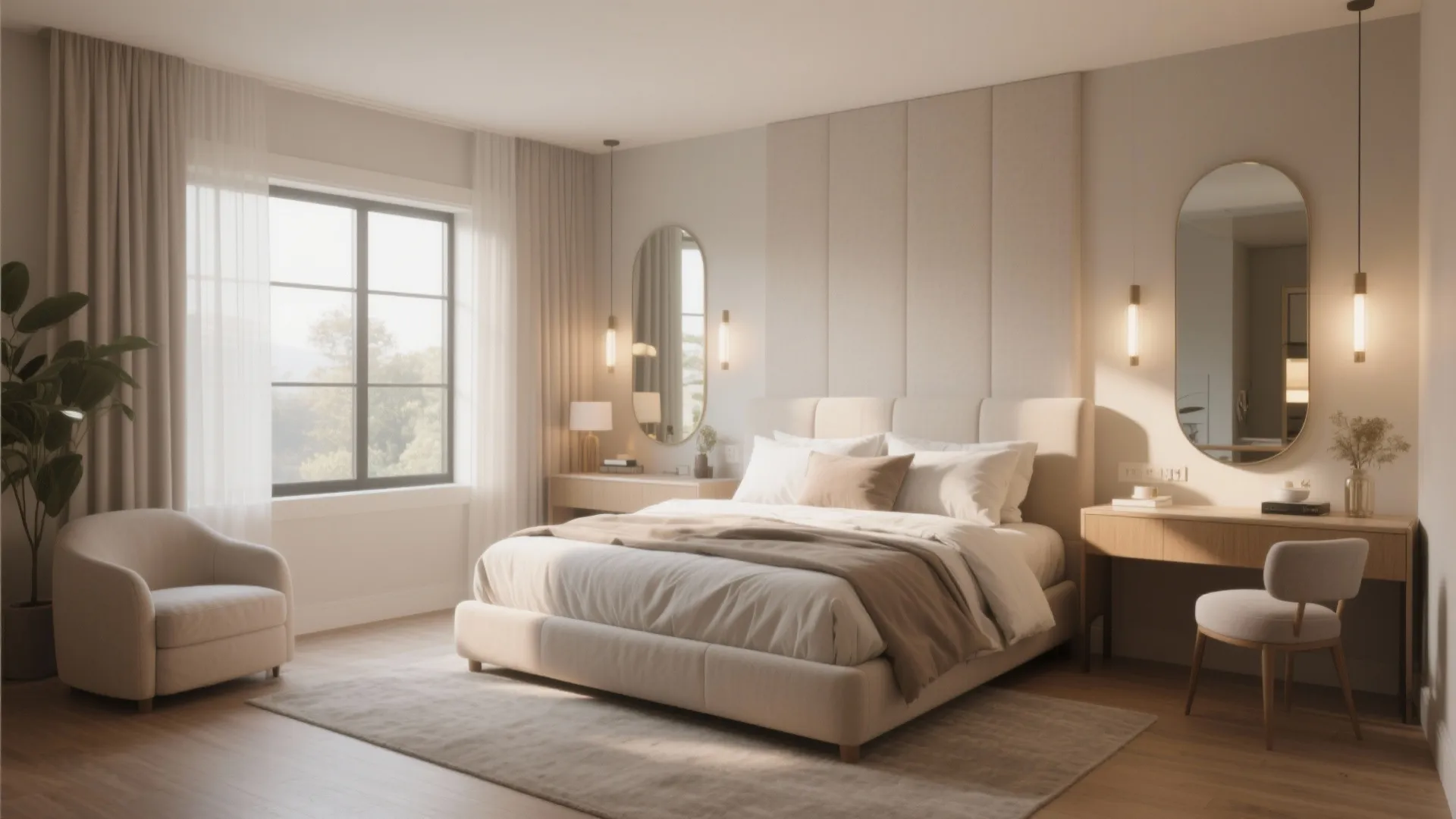 Modern beige bedroom with a large bed wall panel mirrors desk chair and ceiling light