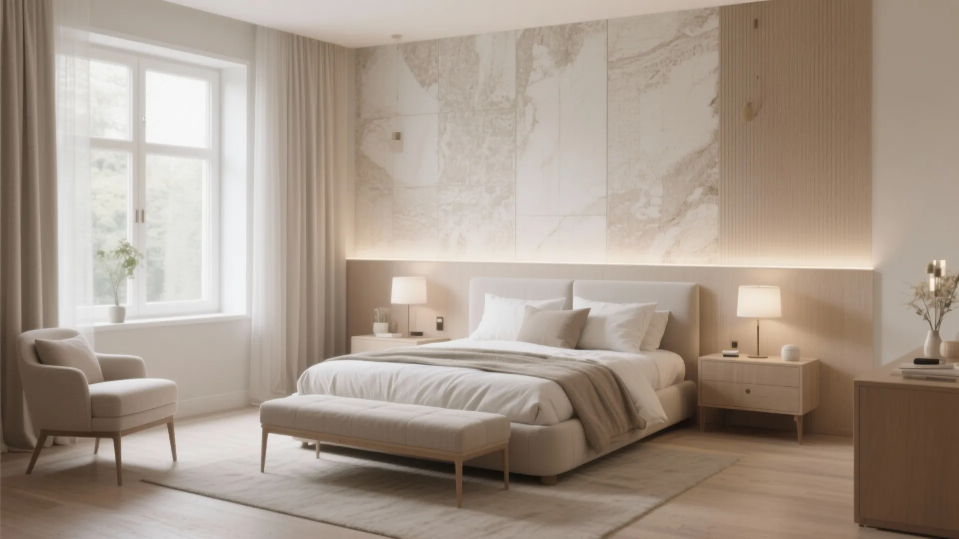 Elegant bedroom featuring wall panel with marble pattern cozy chair footrest and warm bedside lighting