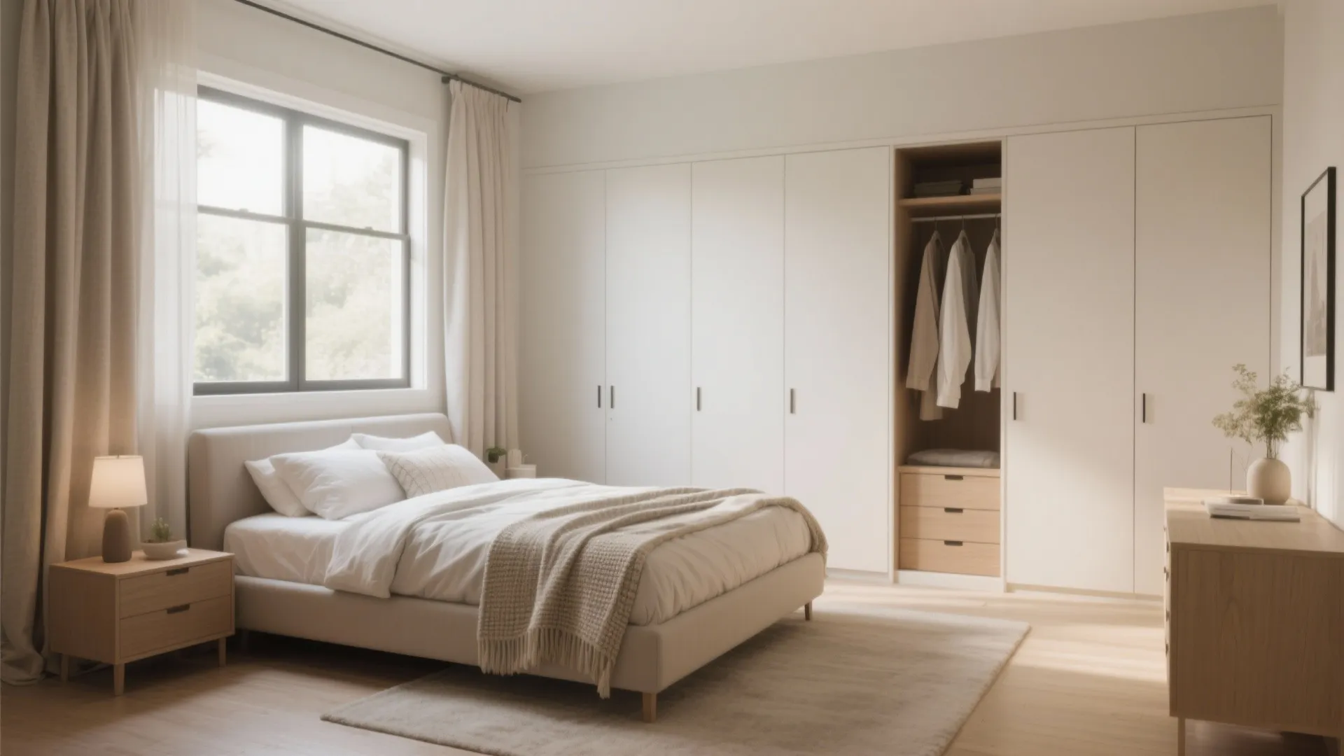 Bright modern bedroom featuring white built-in wardrobes wooden floor beige bed and large sunny window