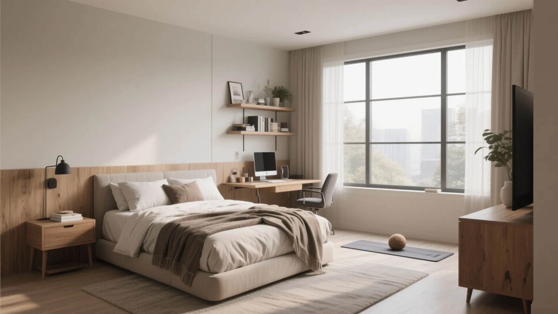 Modern bedroom with a large bed wooden desk black chair wall light and a window