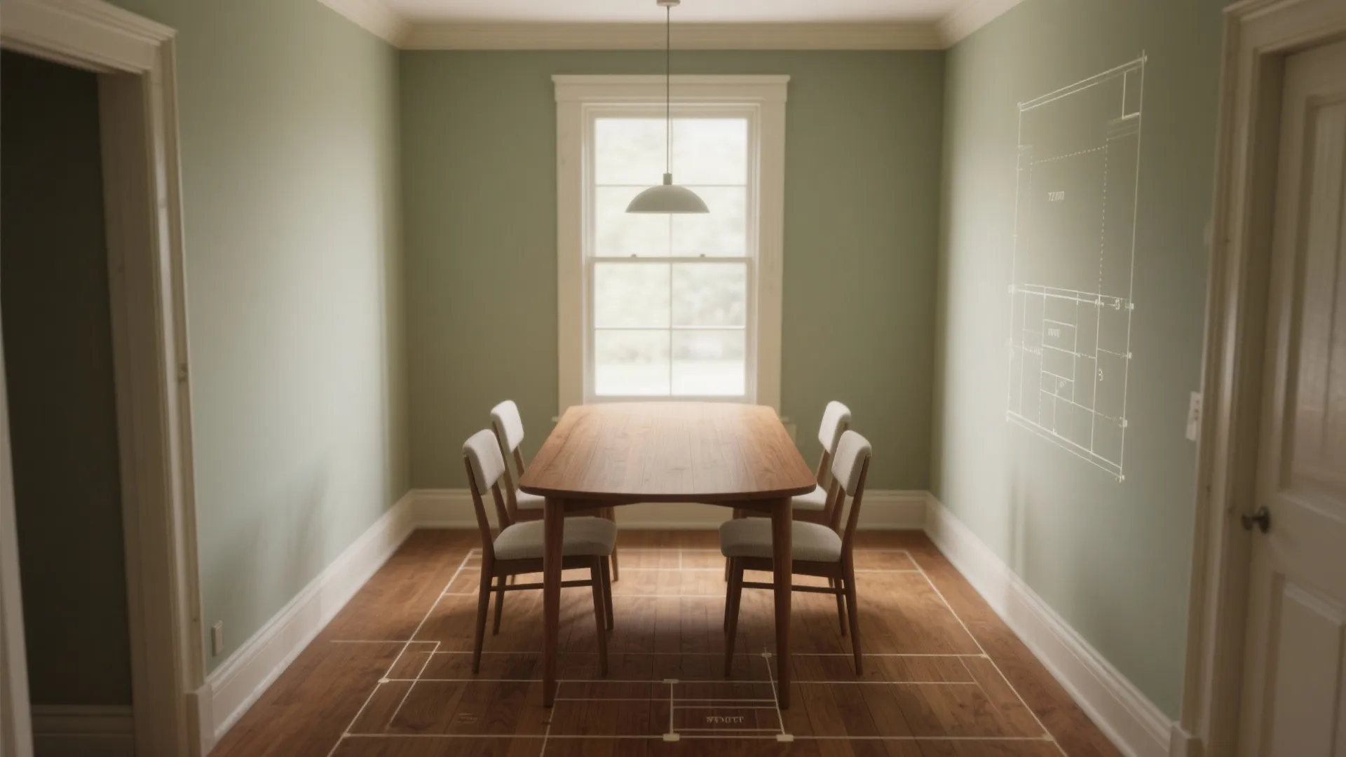 Green dining room with wooden table and chairs featuring white room layout markings on the floor
