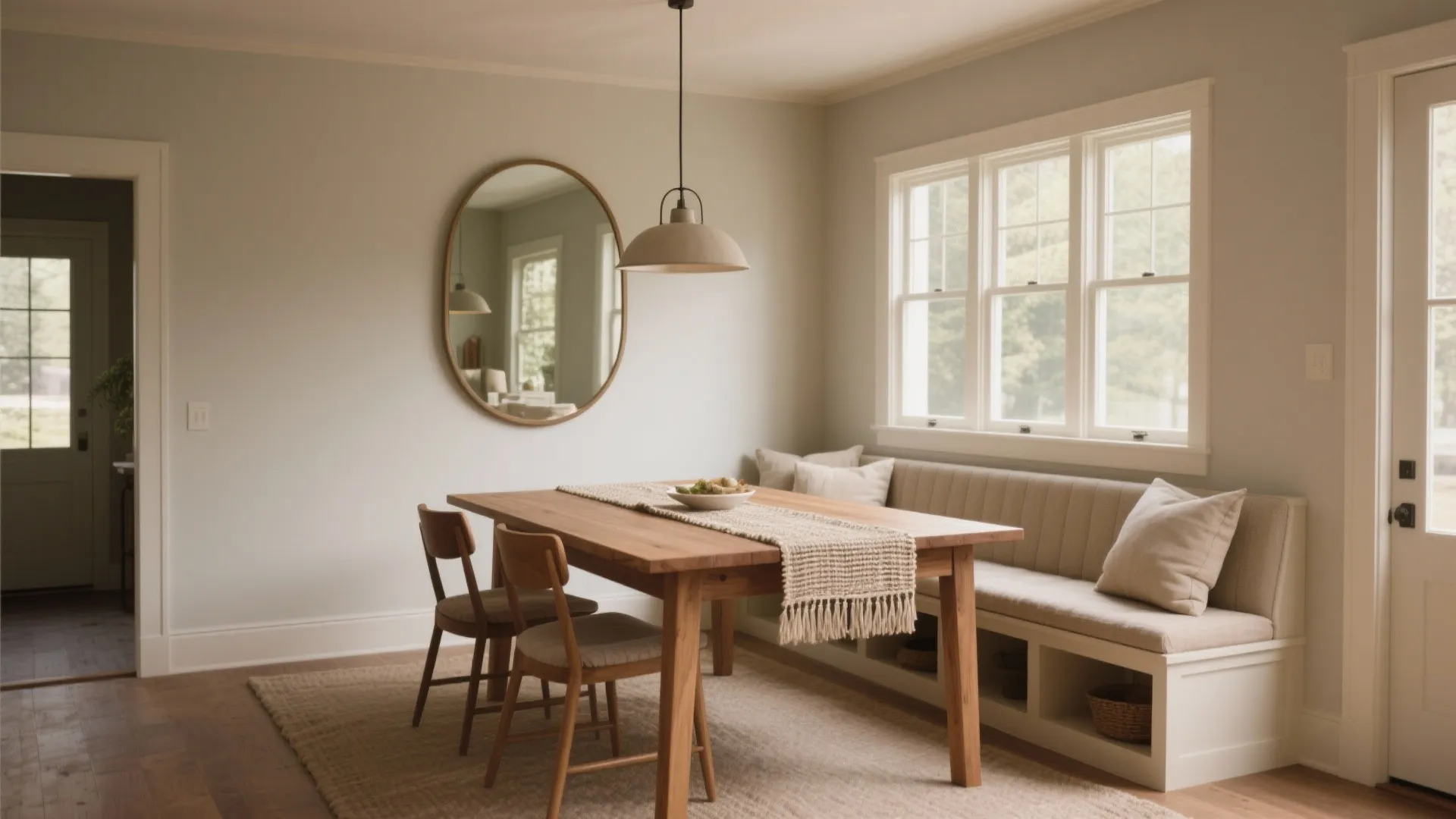Cozy dining room with wooden table bench seating round mirror and light fixture over rug