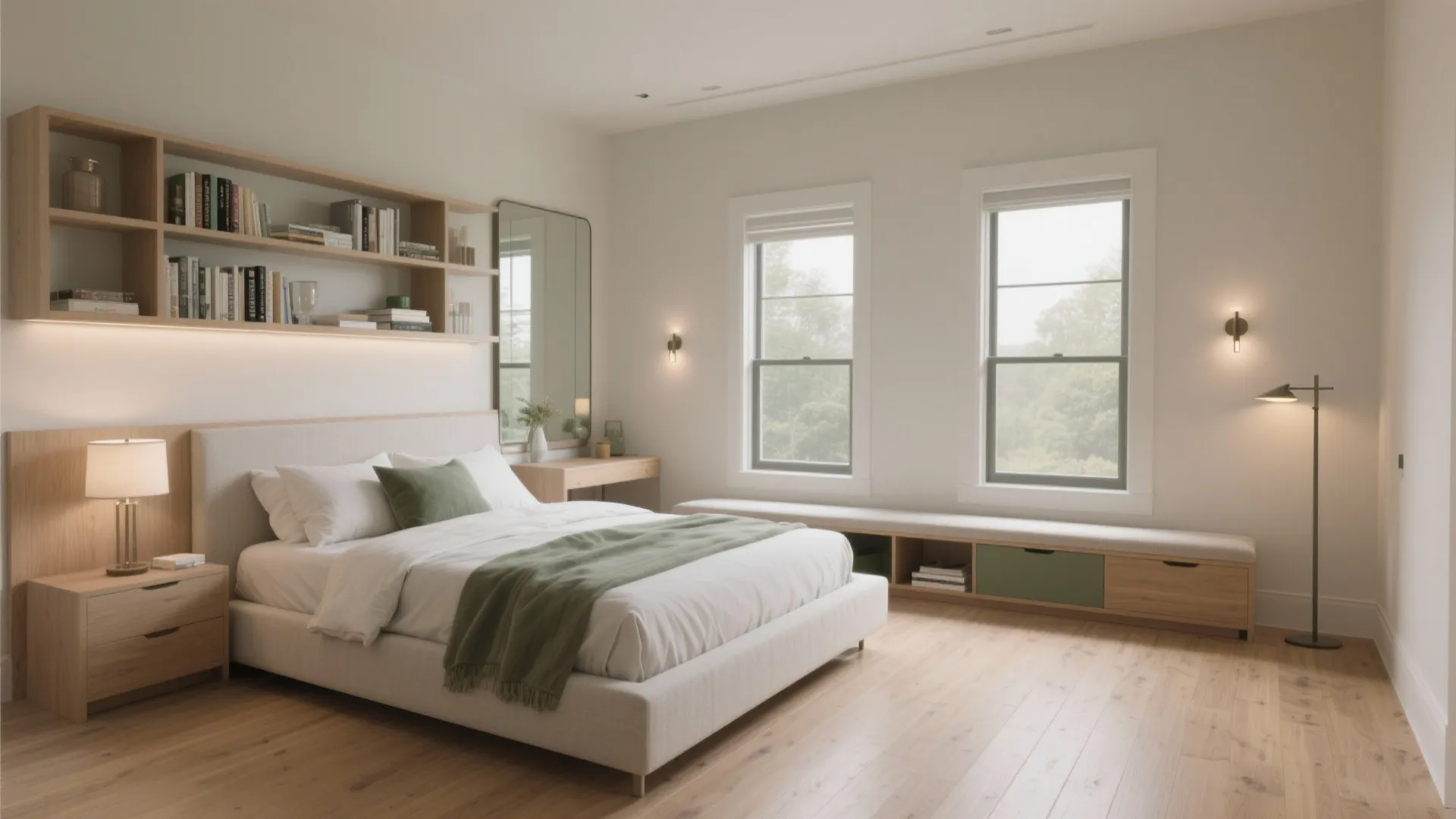 Modern bedroom featuring a large bed with green throw blanket wooden shelves and natural light