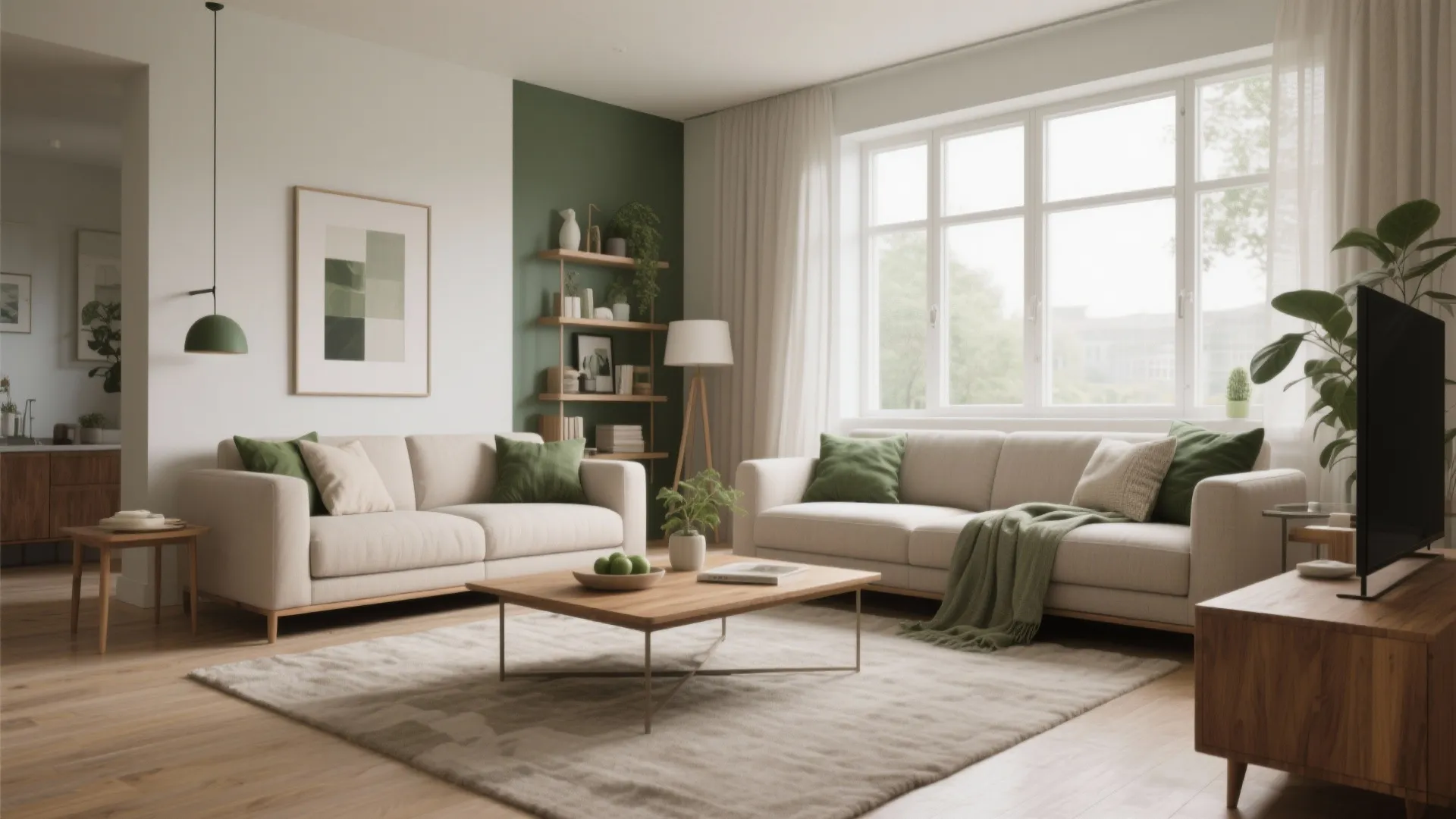 Modern living room with beige sofas green cushions wooden coffee table and a large bright window