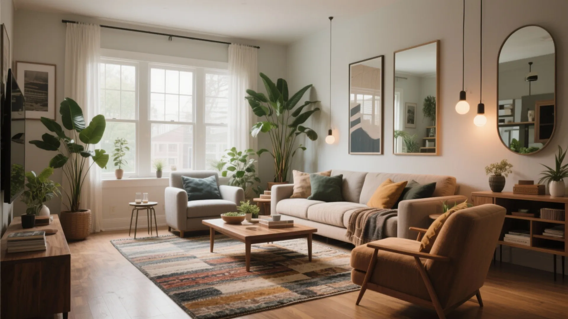 Cozy living room with beige sofa green plants wooden coffee table colorful rug and wall mirrors