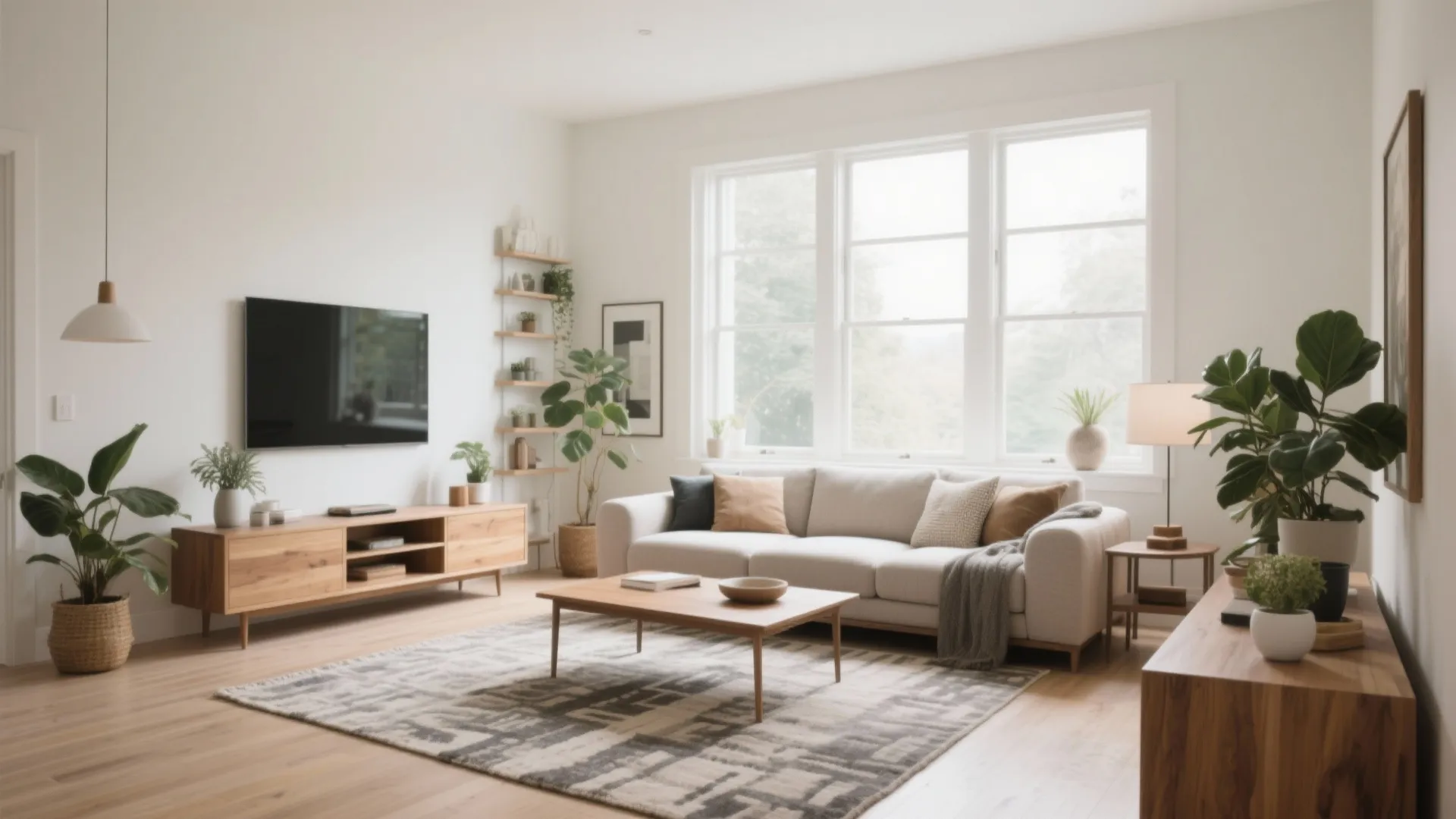 Bright living room with large windows wooden cabinet television beige sofa patterned rug and green plants