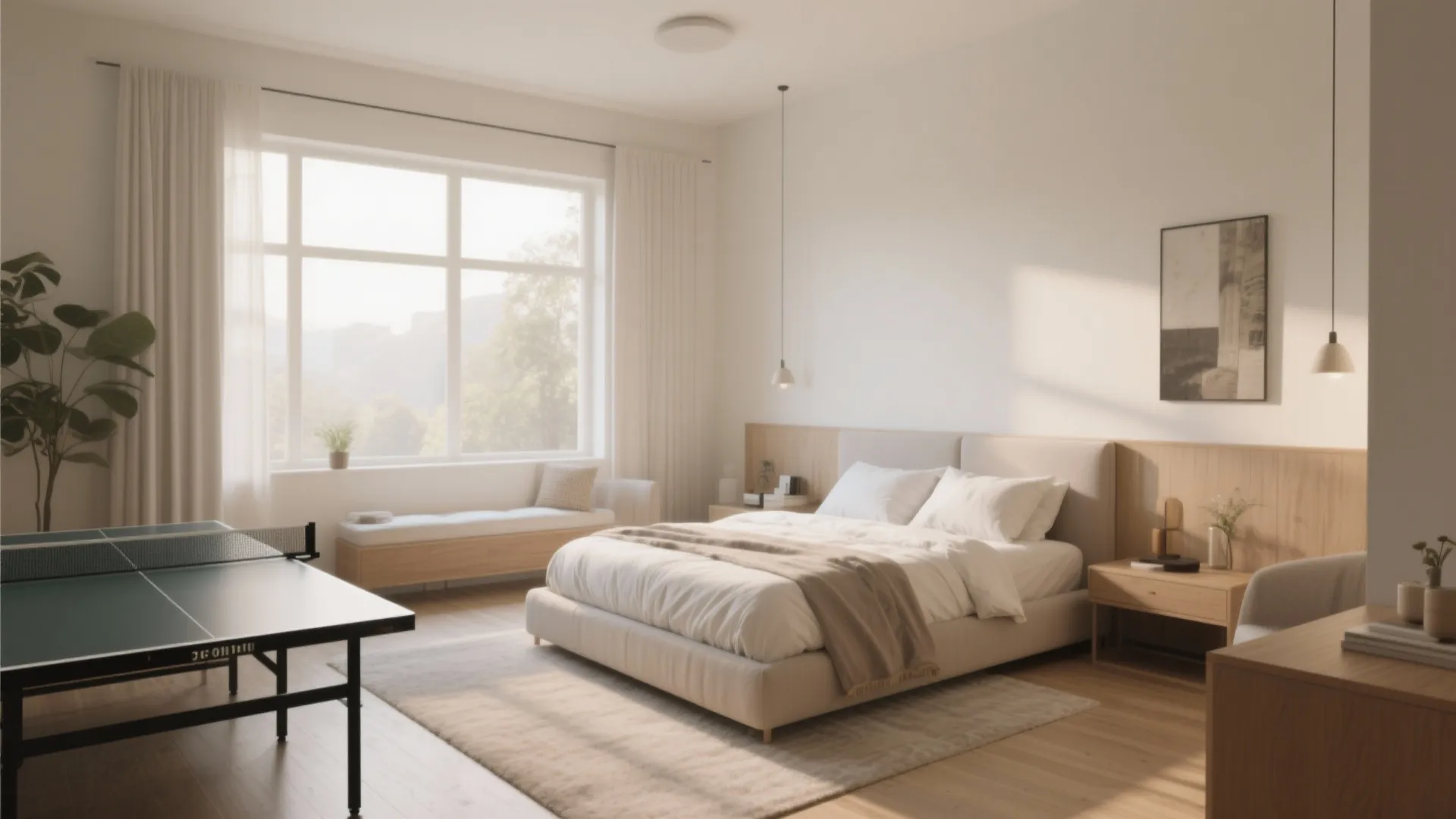 Modern bright bedroom with white bed wooden floor large window green plant and ping pong table