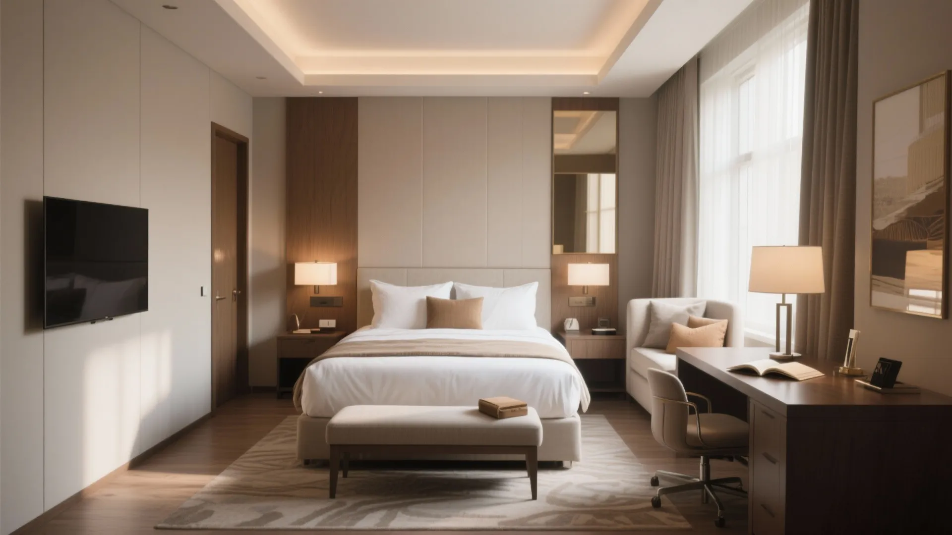 Modern master bedroom with white bed, footrest, wooden desk, office chair, television, and warm lighting
