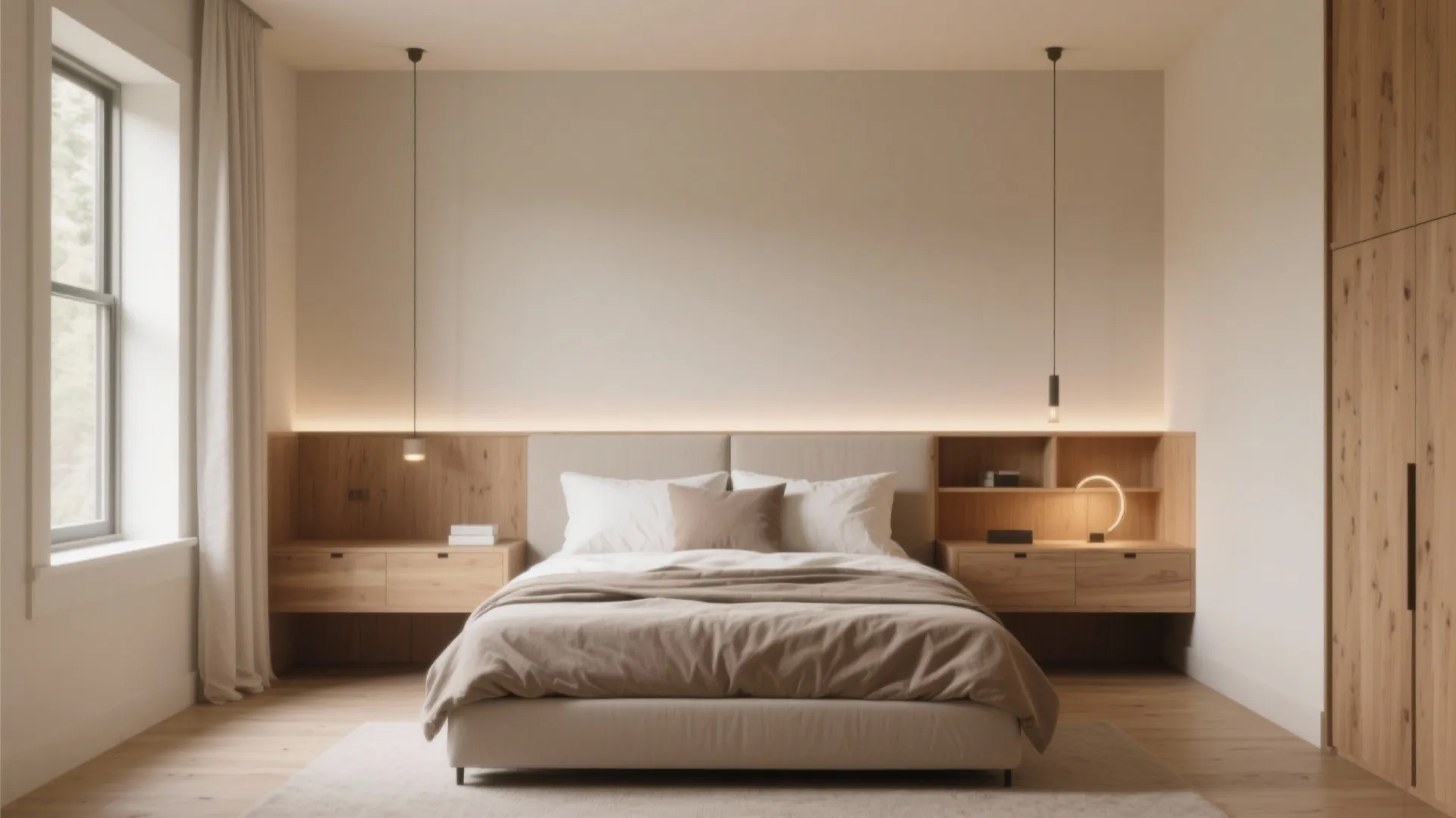 Modern minimalist bedroom with wooden headboard hanging ceiling lights white walls large window and bedding