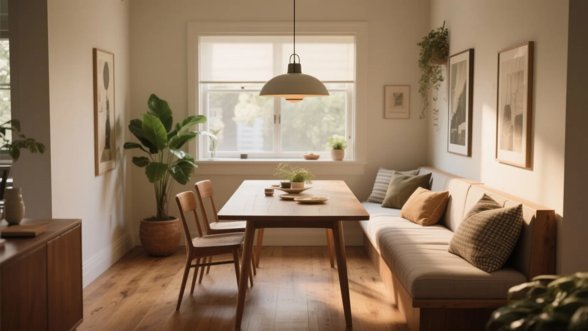 Modern dining room with wooden table bench seating green plants natural light and a ceiling light