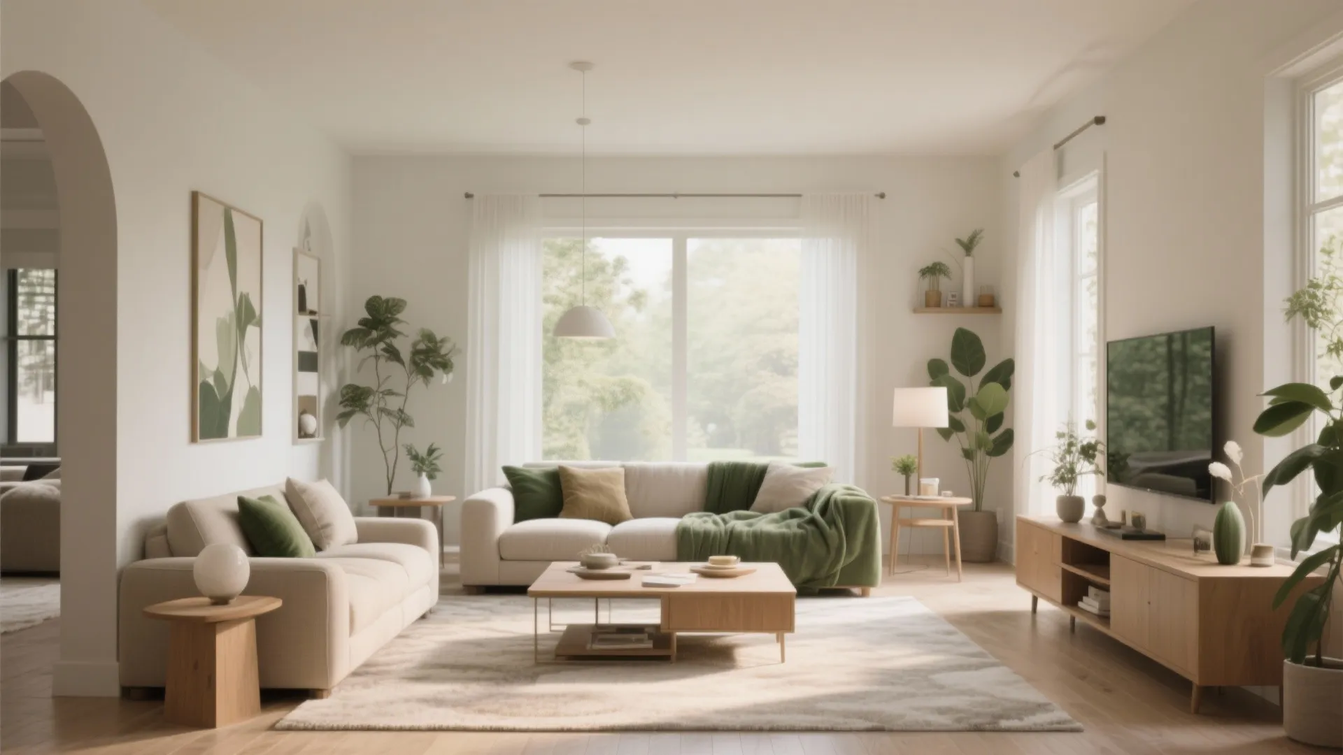 Modern bright living room with beige sofa green pillows wooden coffee table cabinet and indoor plants