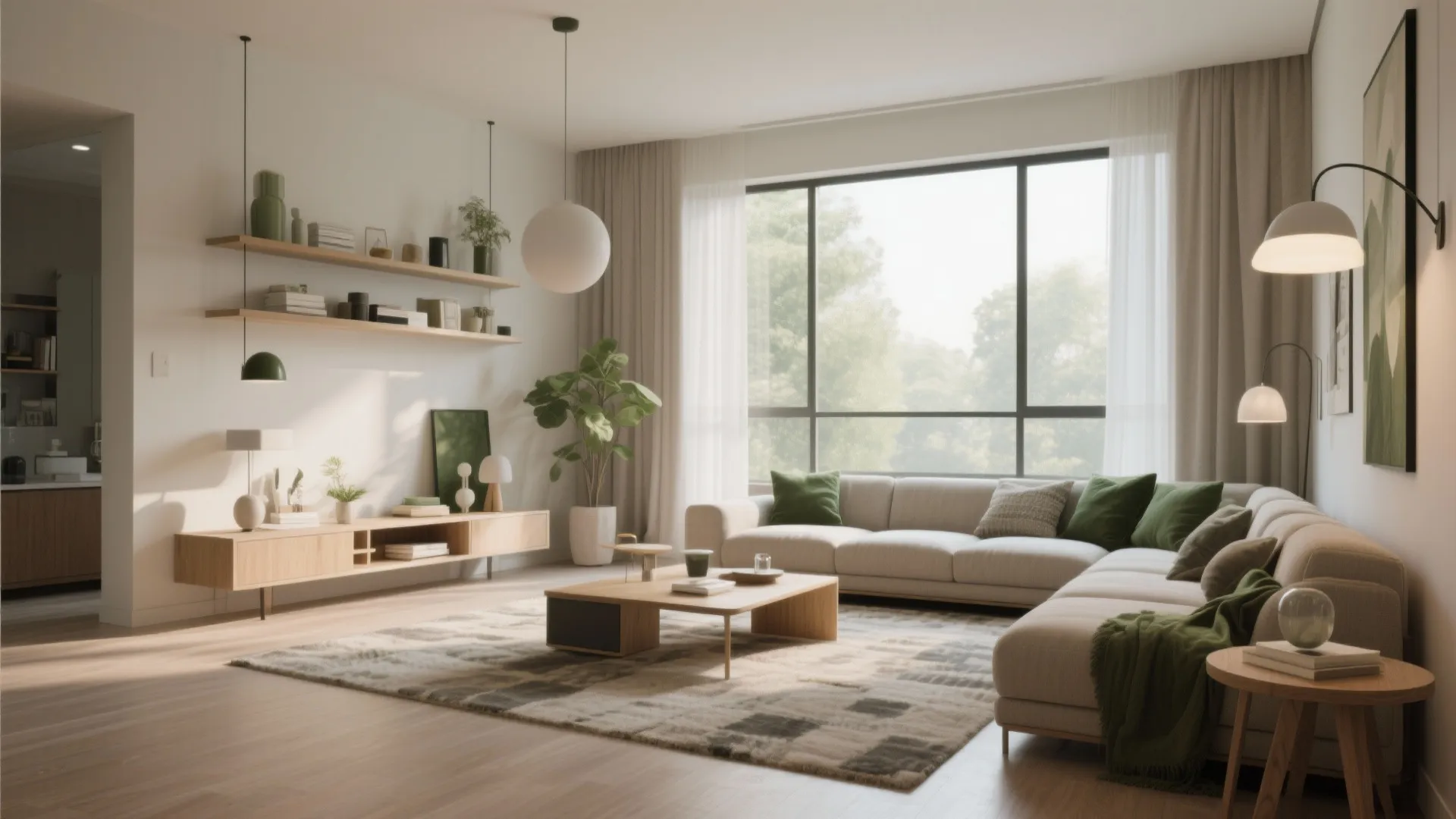 Modern living room with cream sofa, green pillows, wooden coffee table, shelves, and round light
