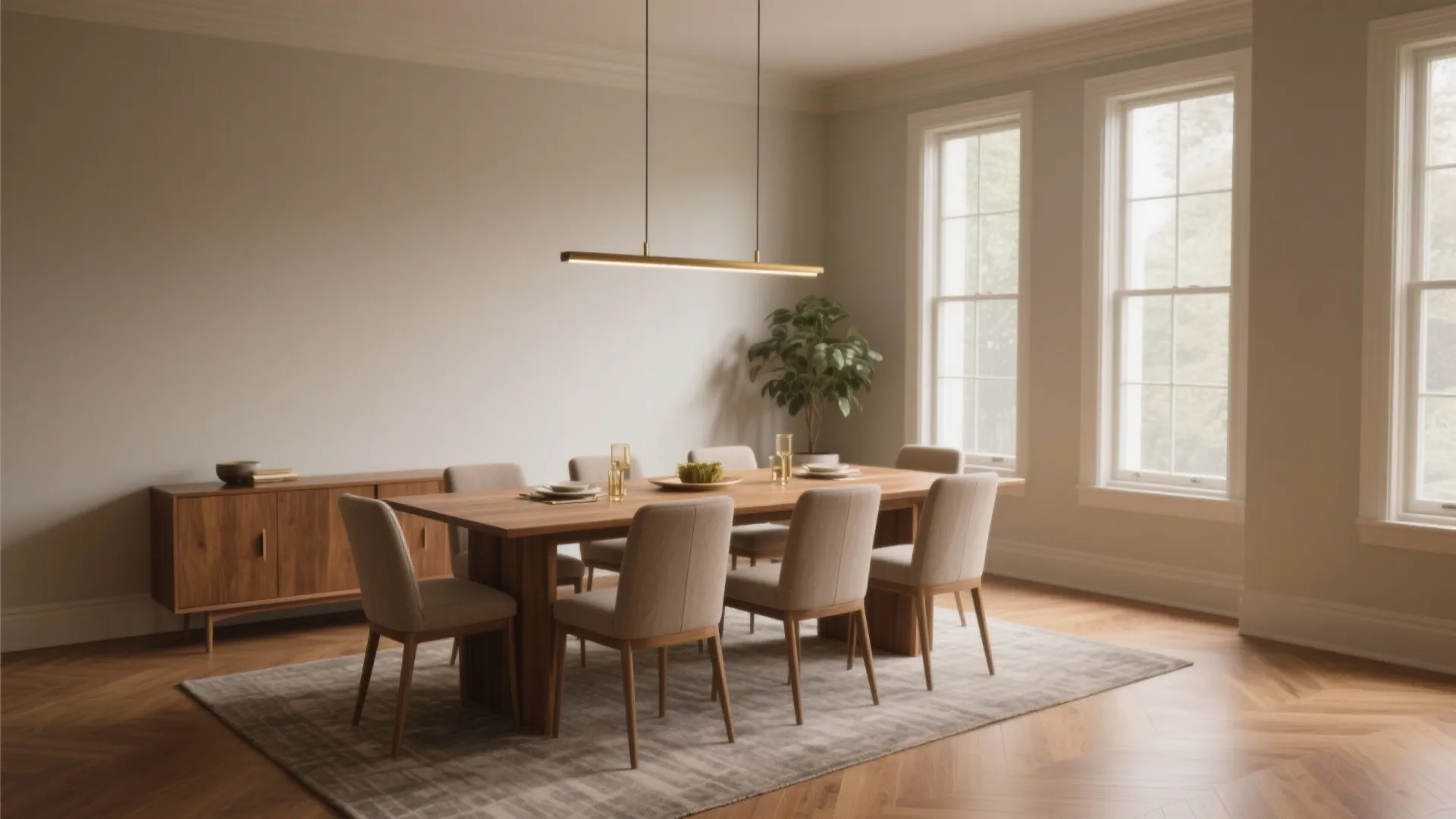 Spacious dining area with long wooden table eight chairs patterned rug and two large windows