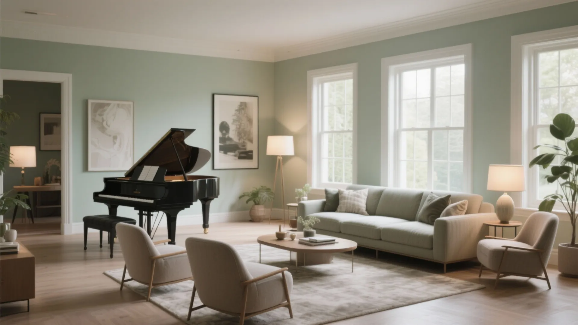 Spacious green living room with black grand piano light green sofa armchairs and white framed windows