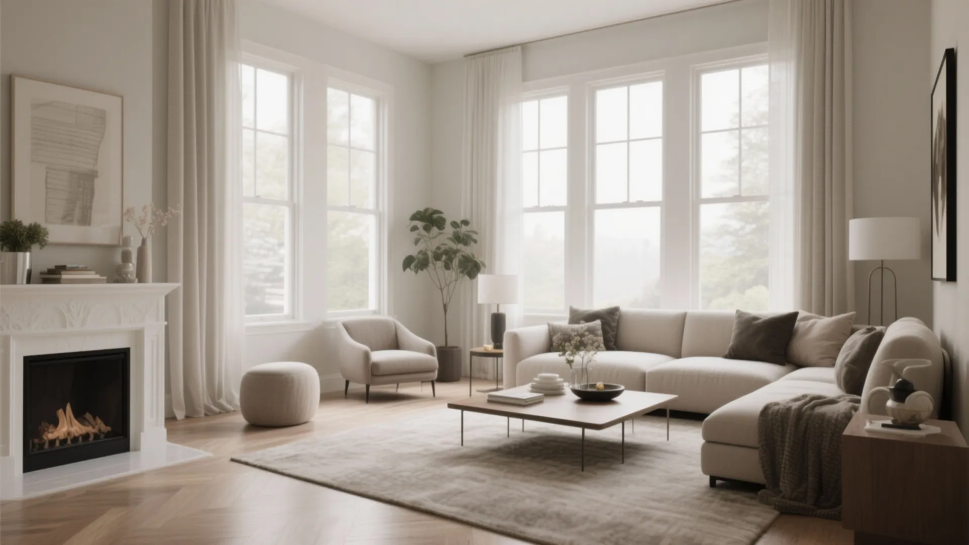 Spacious living room with white fireplace large windows cream sofa footrest wooden coffee table rug