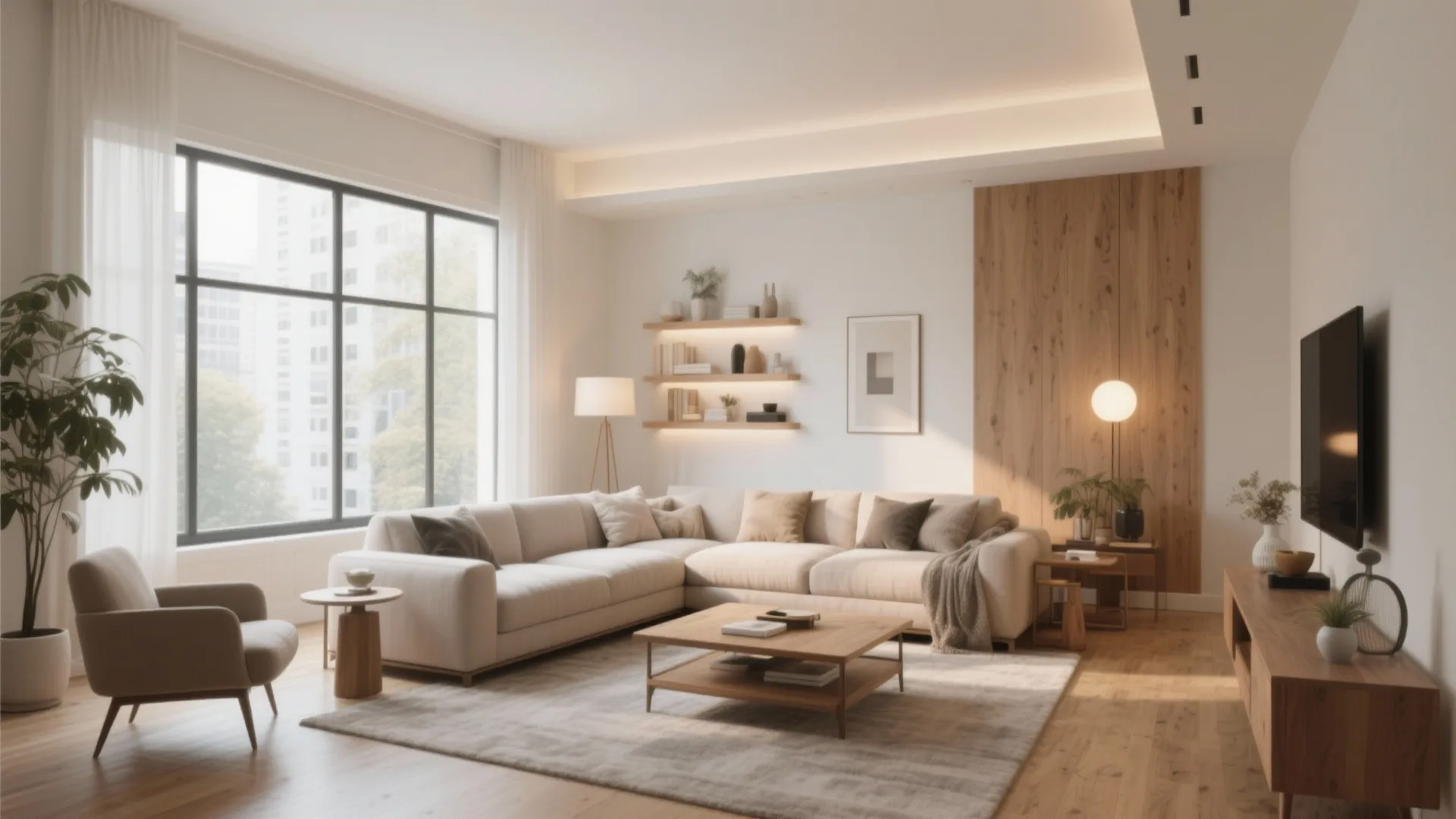 Modern bright living room with large windows beige sofa wood paneling and warm ceiling lights