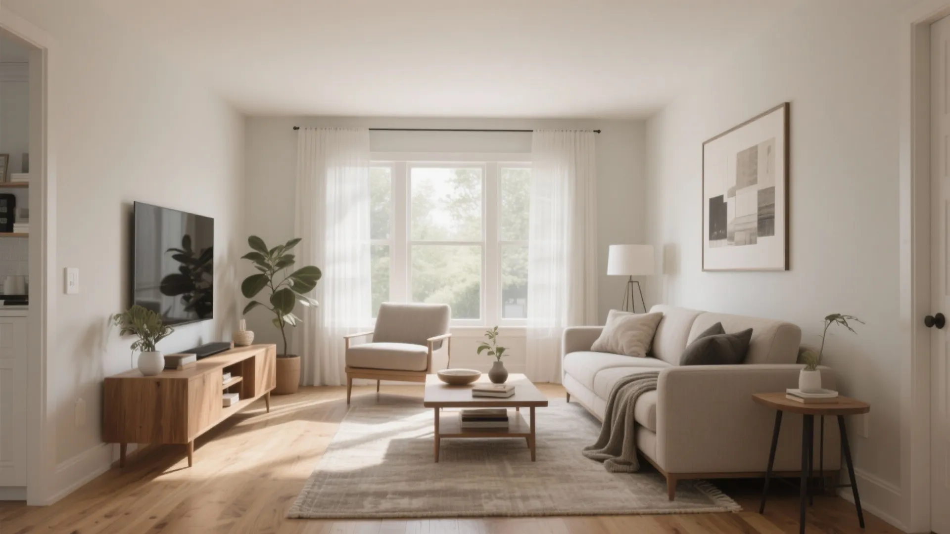 Bright living room featuring cream sofa wooden coffee table television cabinet indoor plants and curtains