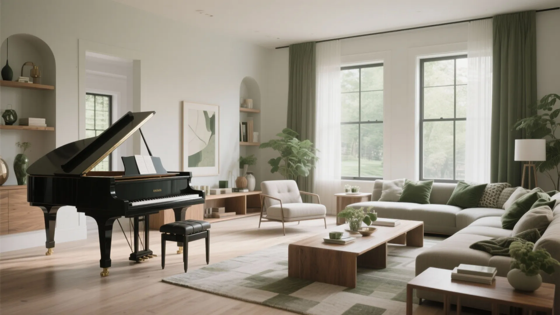 Modern living room with black piano, grey sofa, wooden coffee table, plants, and green curtains.