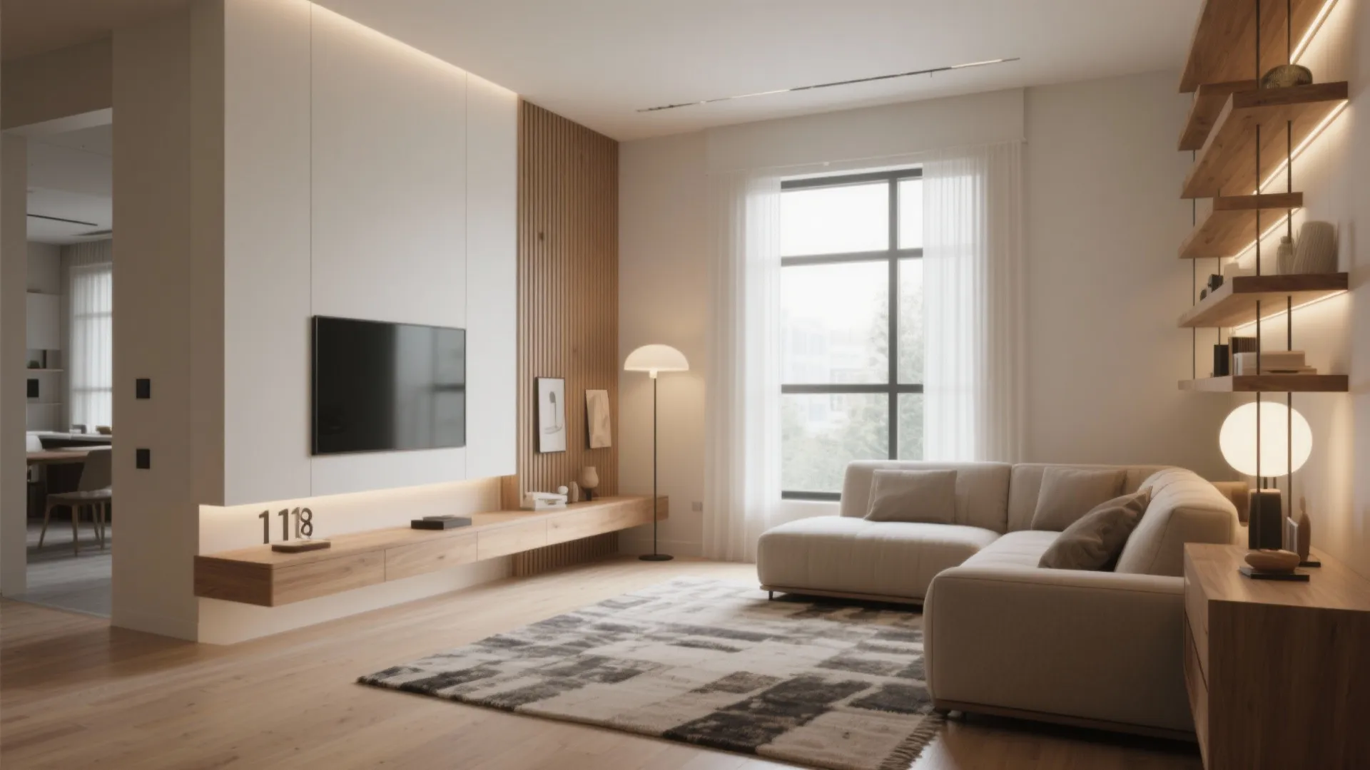 Modern living room with cream sofa patterned rug and television mounted on a white wall