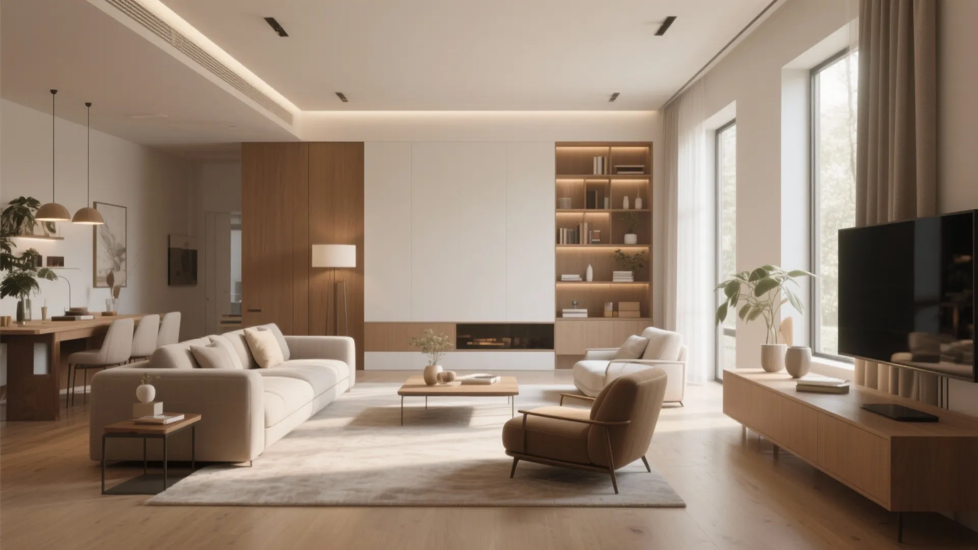 Spacious living room with cream sofa wooden coffee table built in shelves and natural light