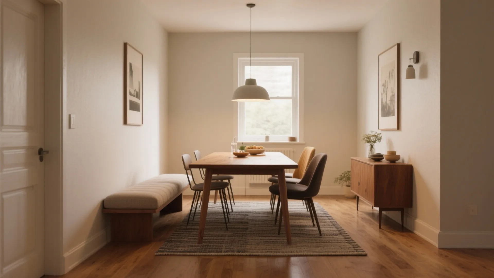 Bright dining room with wooden table long bench soft chairs ceiling light and wooden cabinet