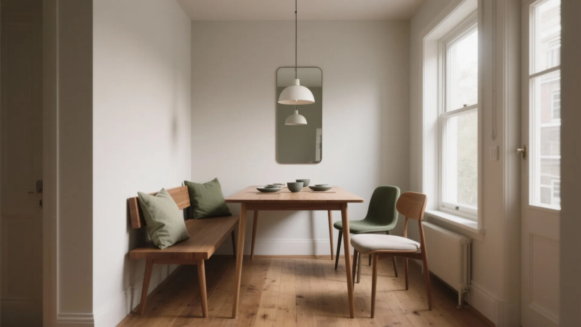 Small dining area featuring wooden bench table ceiling light and chairs next to a large window