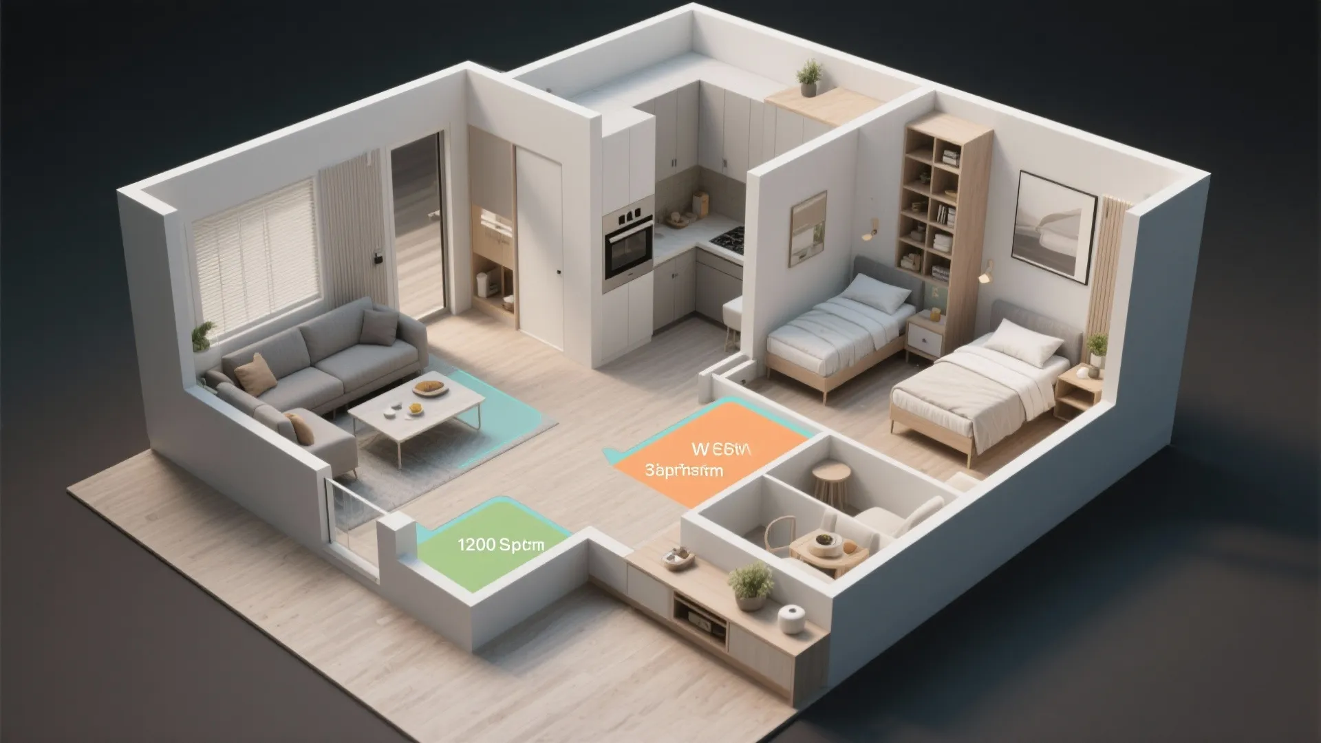 Top-down visual floor plan of a 1200 sq ft 3-bedroom home with zones and storage highlighted