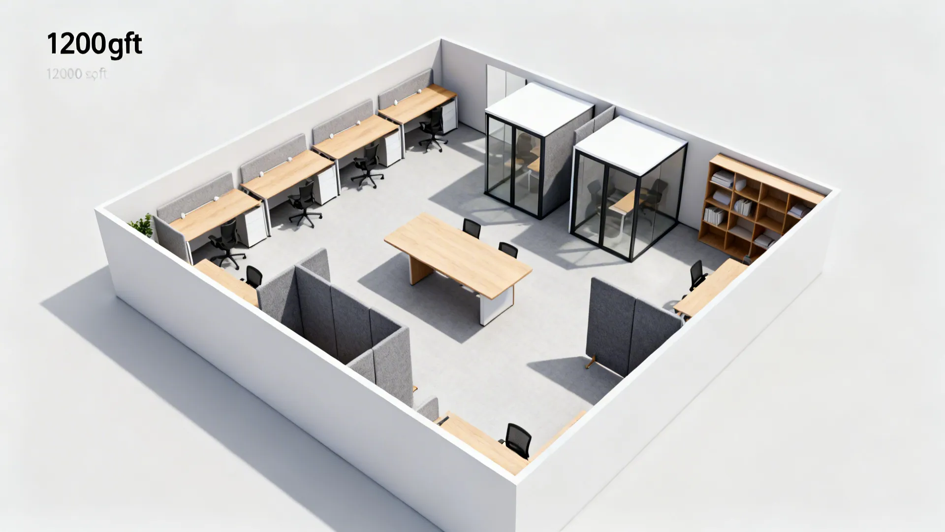 Top-down summary layout with perimeter desks, central island, glass rooms, and divider storage.