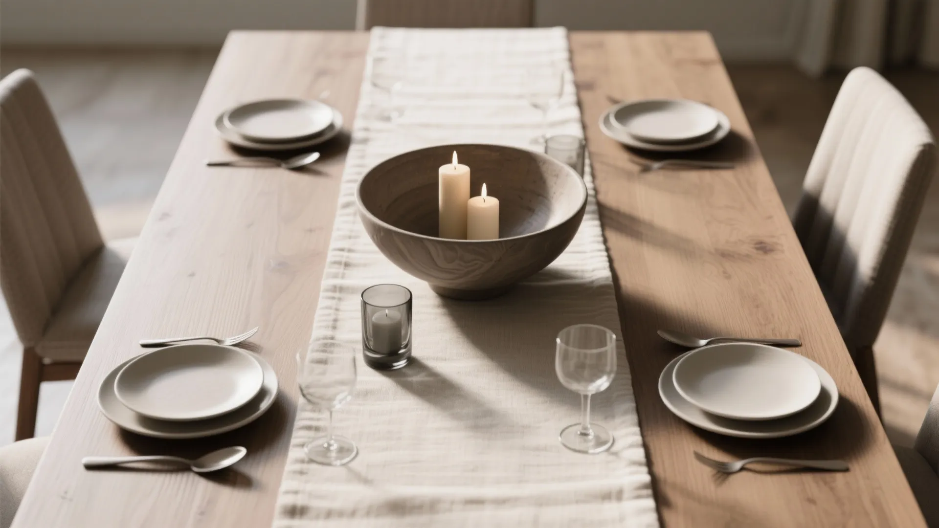Top-down view of rectangle table showing 1–2–1 rhythm with two bowls and two low candles, clear space for plates.
