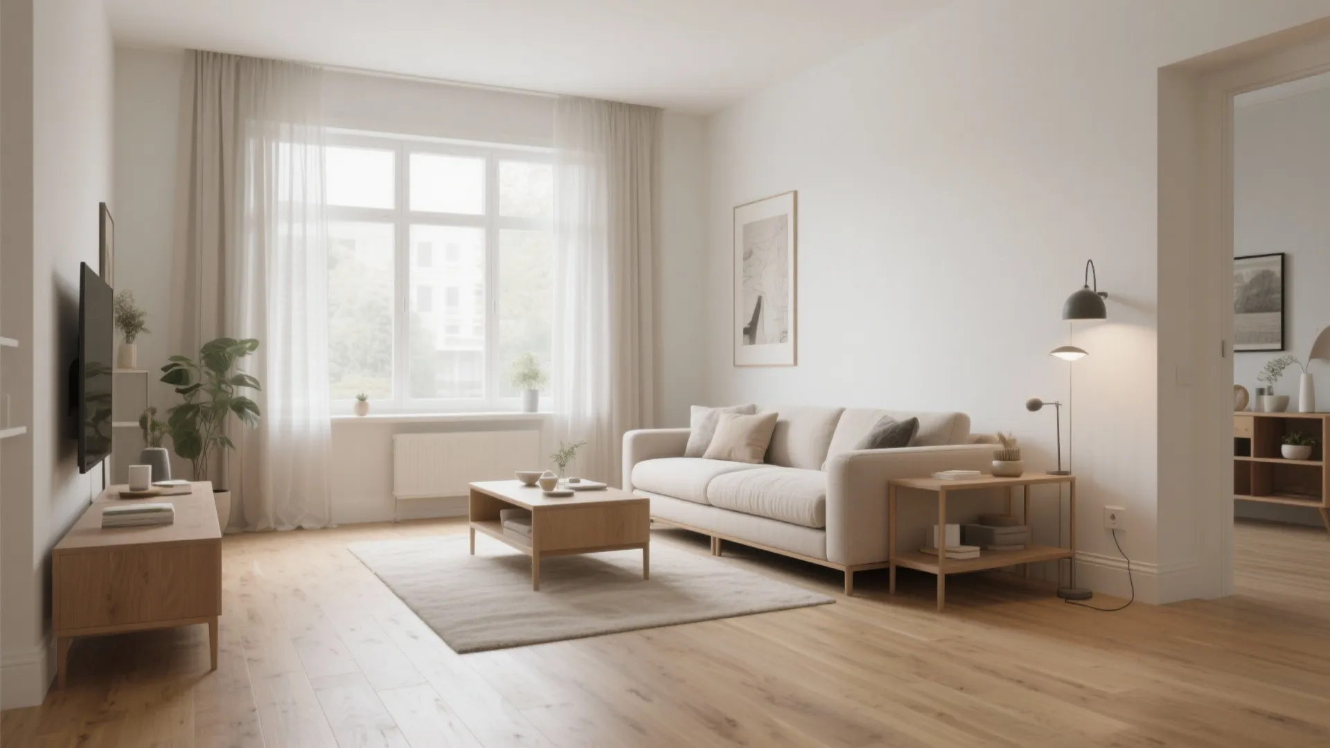 Minimalist living room design with beige sofa wooden floor large window white curtains and floor lamp