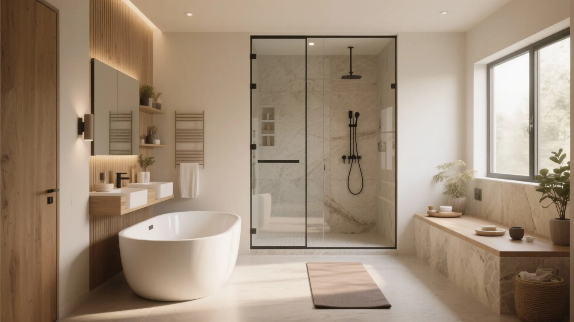 Modern bathroom with white bathtub, glass shower, wood wall panels, double sinks, and natural sunlight